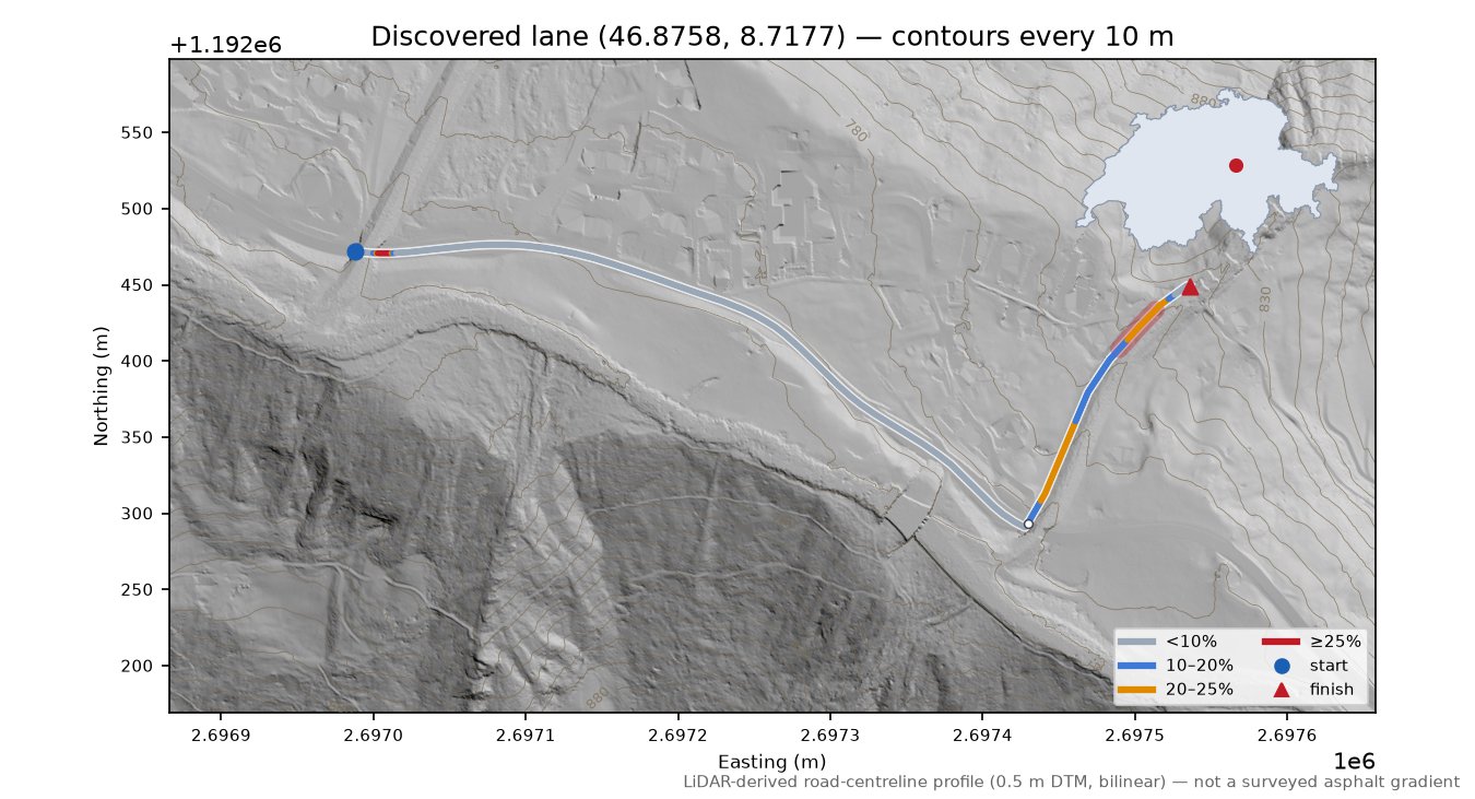 Discovered lane (46.8758, 8.7177) LiDAR hillshade map with contours