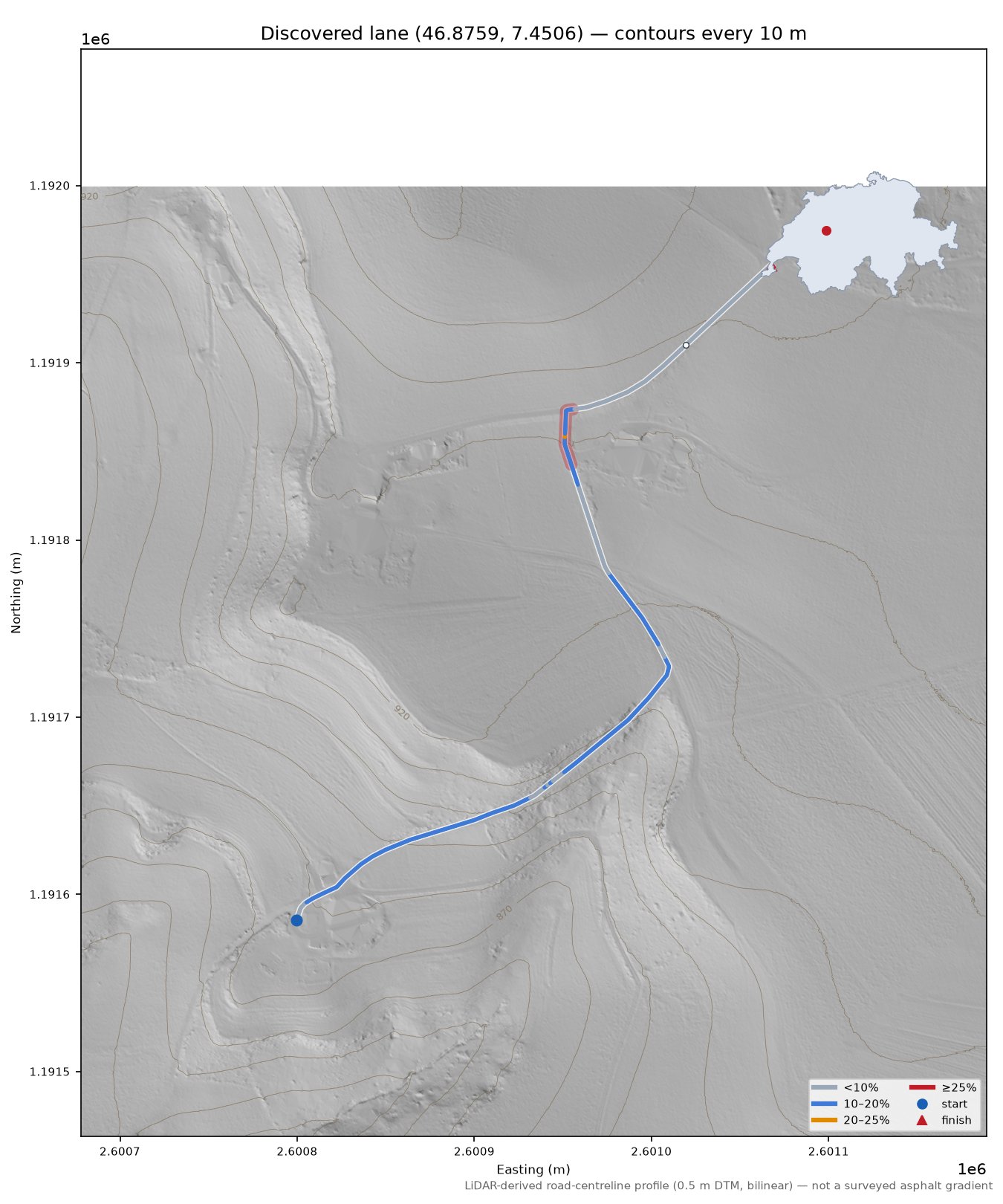 Discovered lane (46.8759, 7.4506) LiDAR hillshade map with contours