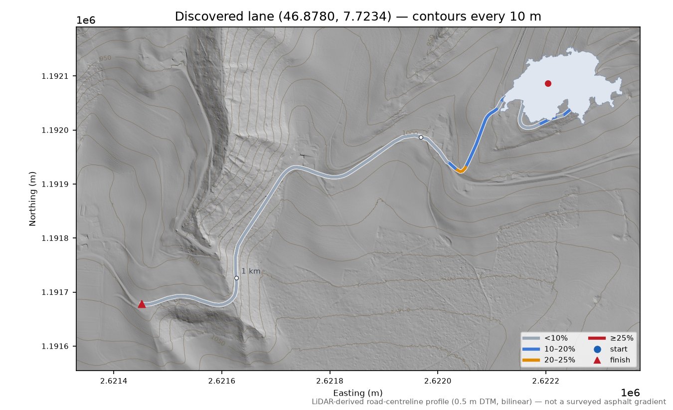 Discovered lane (46.8780, 7.7234) LiDAR hillshade map with contours