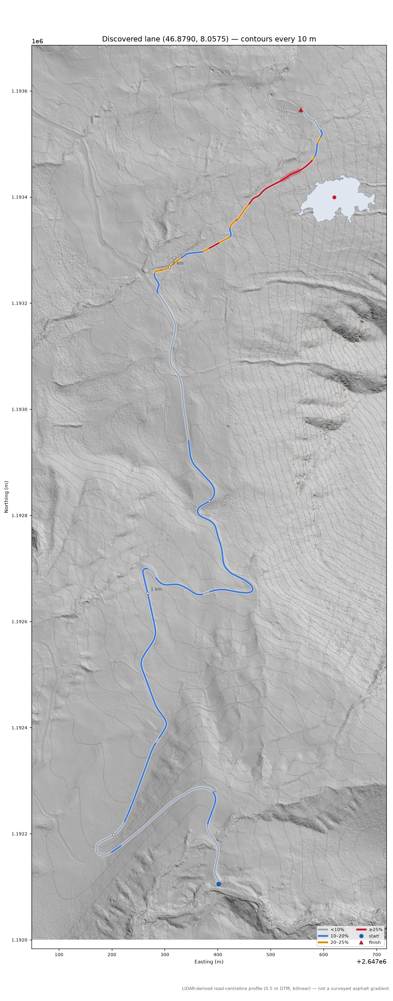 Discovered lane (46.8790, 8.0575) LiDAR hillshade map with contours