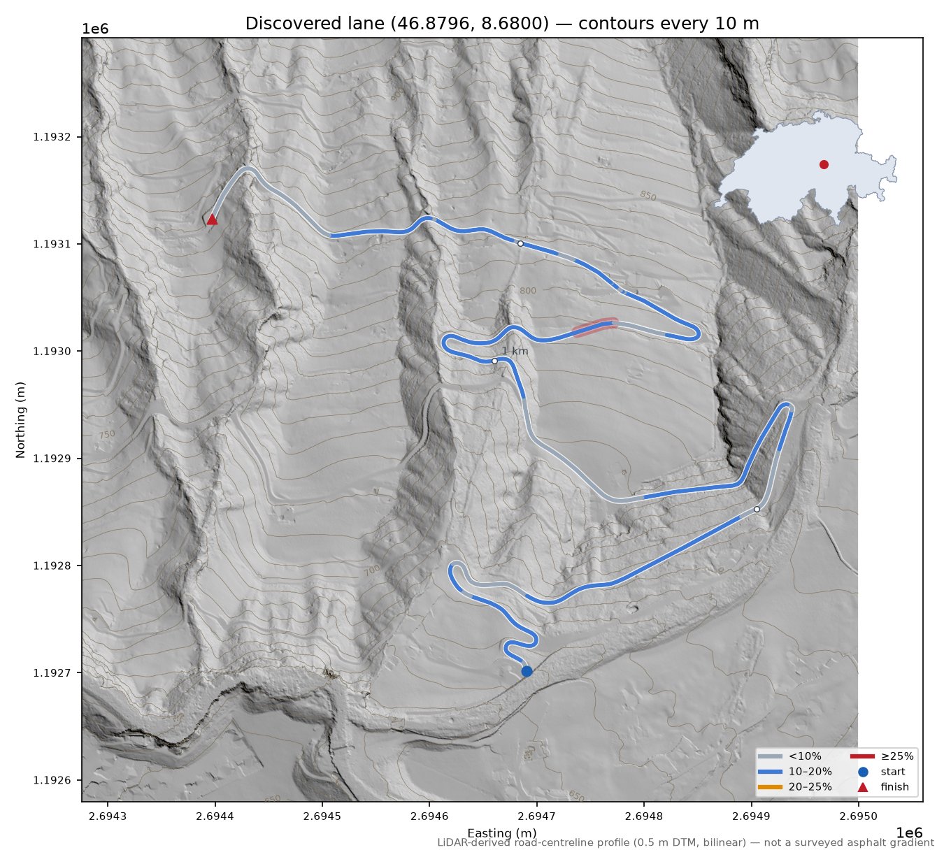 Discovered lane (46.8796, 8.6800) LiDAR hillshade map with contours