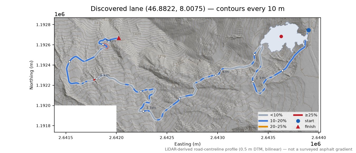 Discovered lane (46.8822, 8.0075) LiDAR hillshade map with contours
