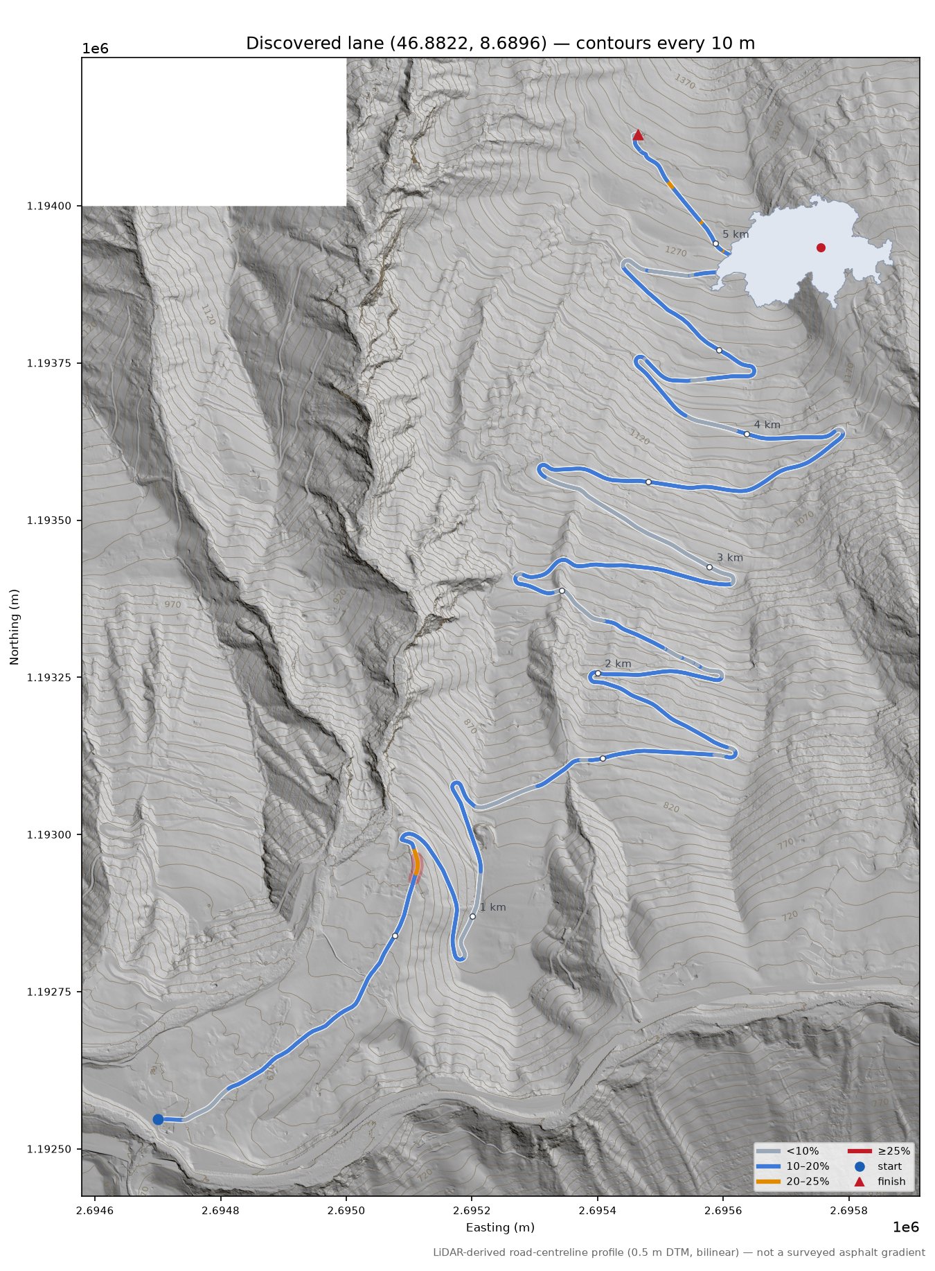 Discovered lane (46.8822, 8.6896) LiDAR hillshade map with contours