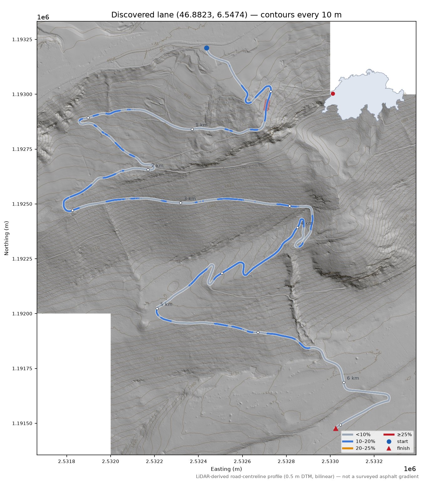 Discovered lane (46.8823, 6.5474) LiDAR hillshade map with contours