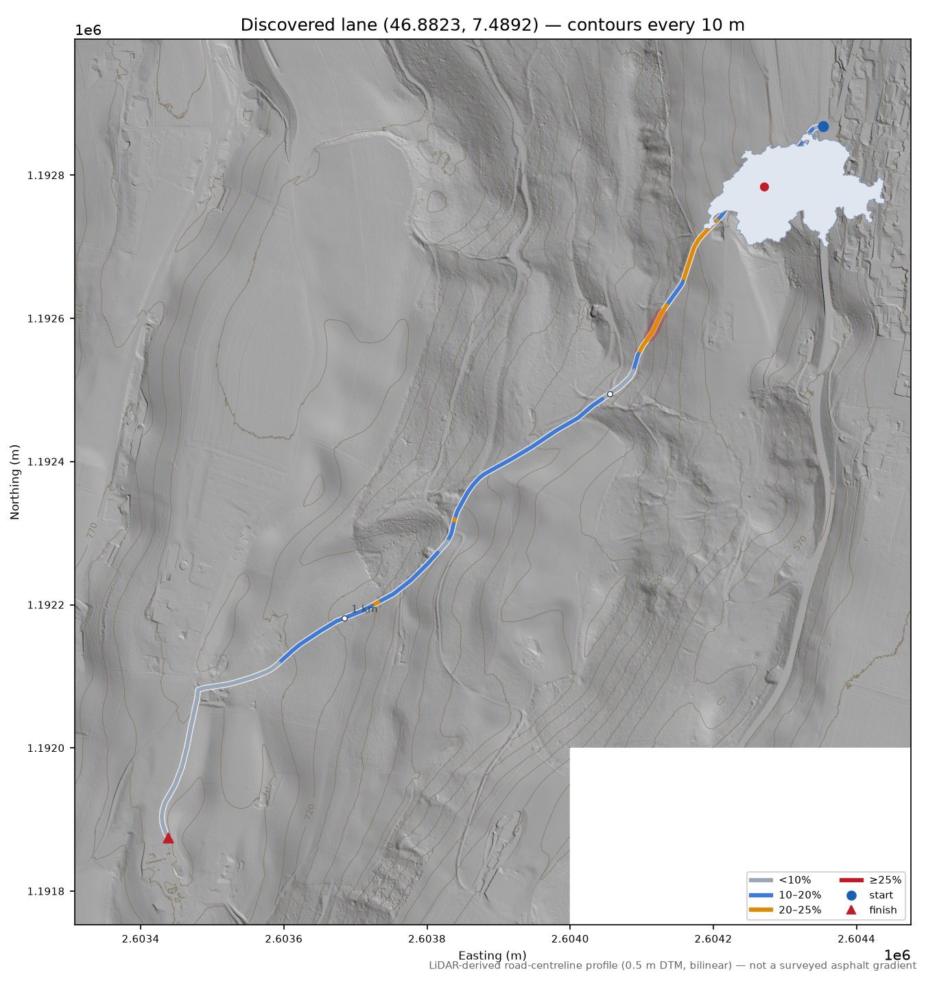 Discovered lane (46.8823, 7.4892) LiDAR hillshade map with contours