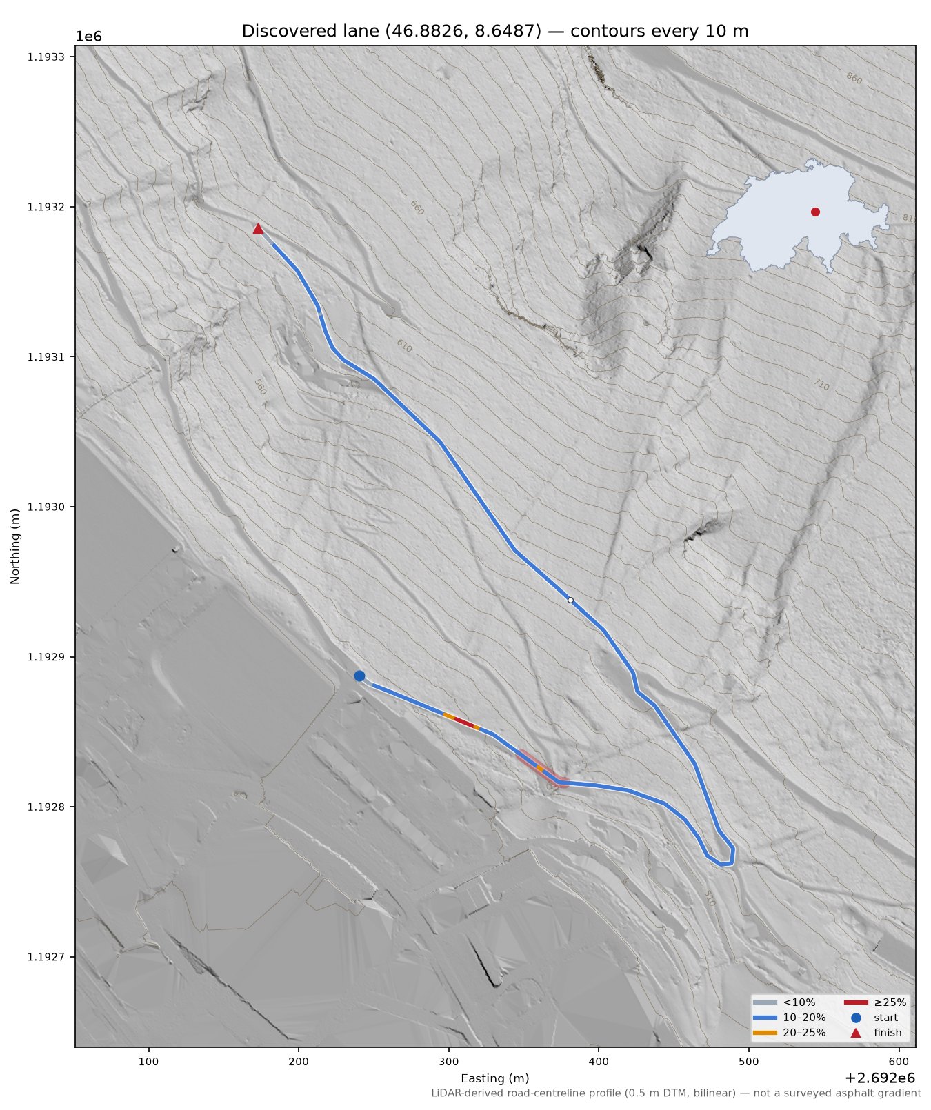 Discovered lane (46.8826, 8.6487) LiDAR hillshade map with contours