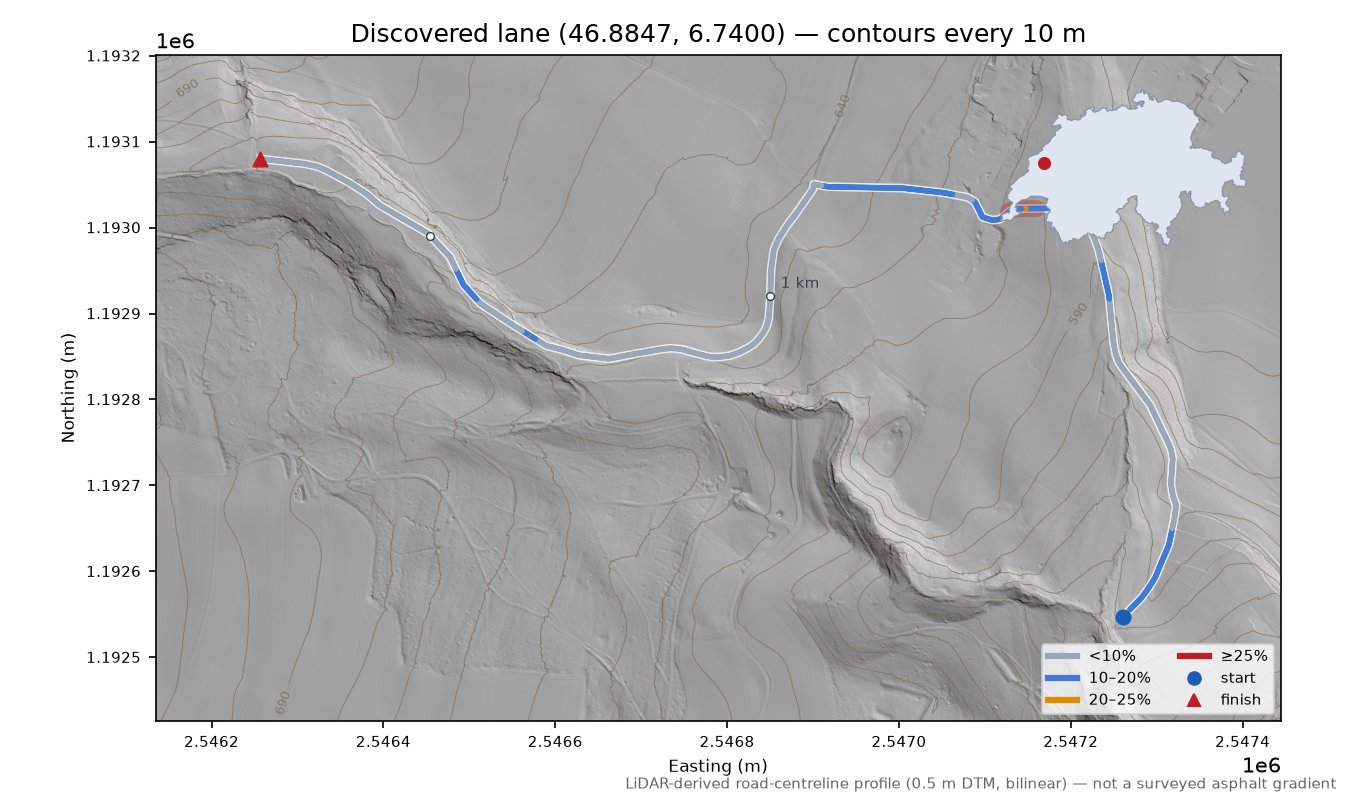 Discovered lane (46.8847, 6.7400) LiDAR hillshade map with contours