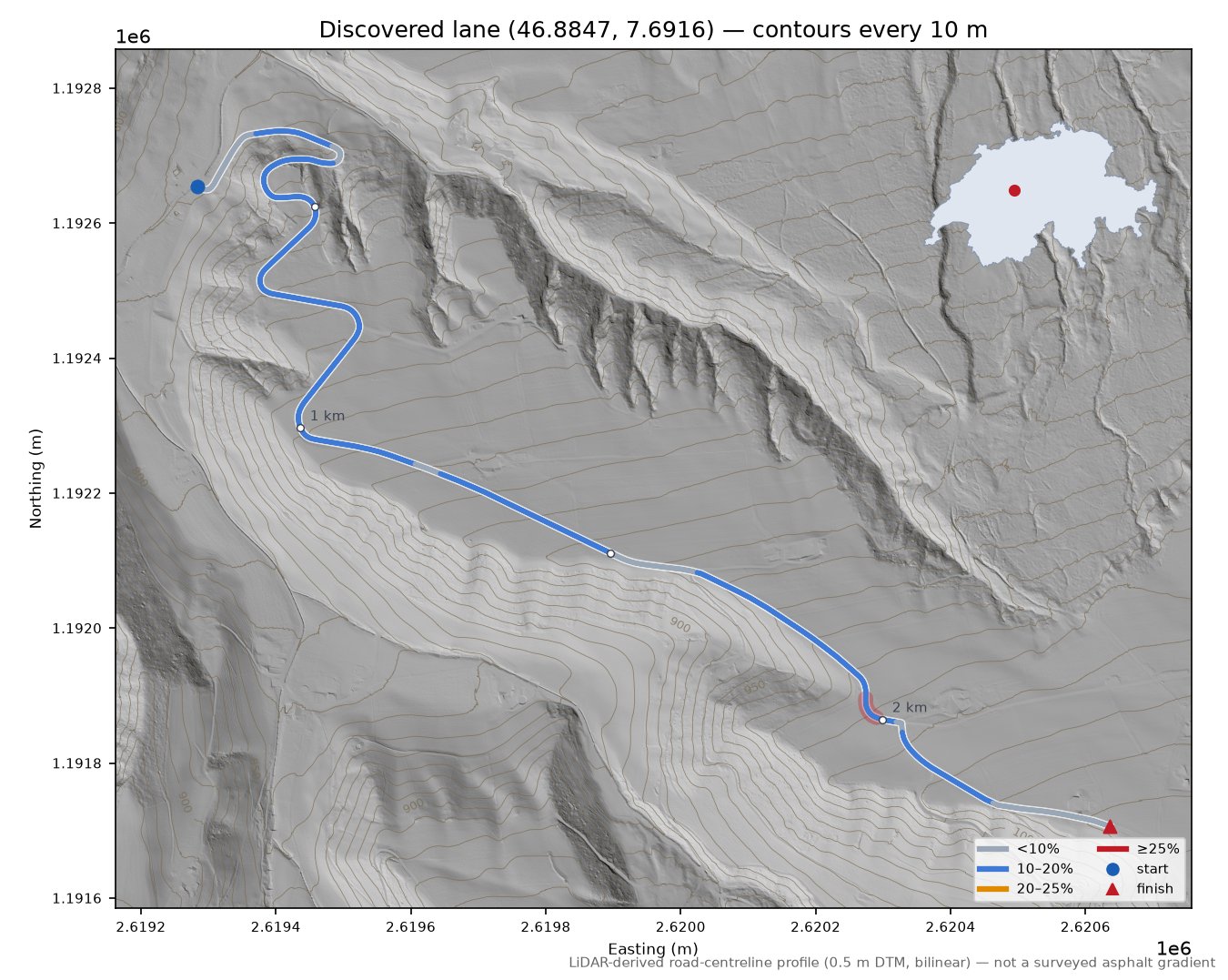 Discovered lane (46.8847, 7.6916) LiDAR hillshade map with contours
