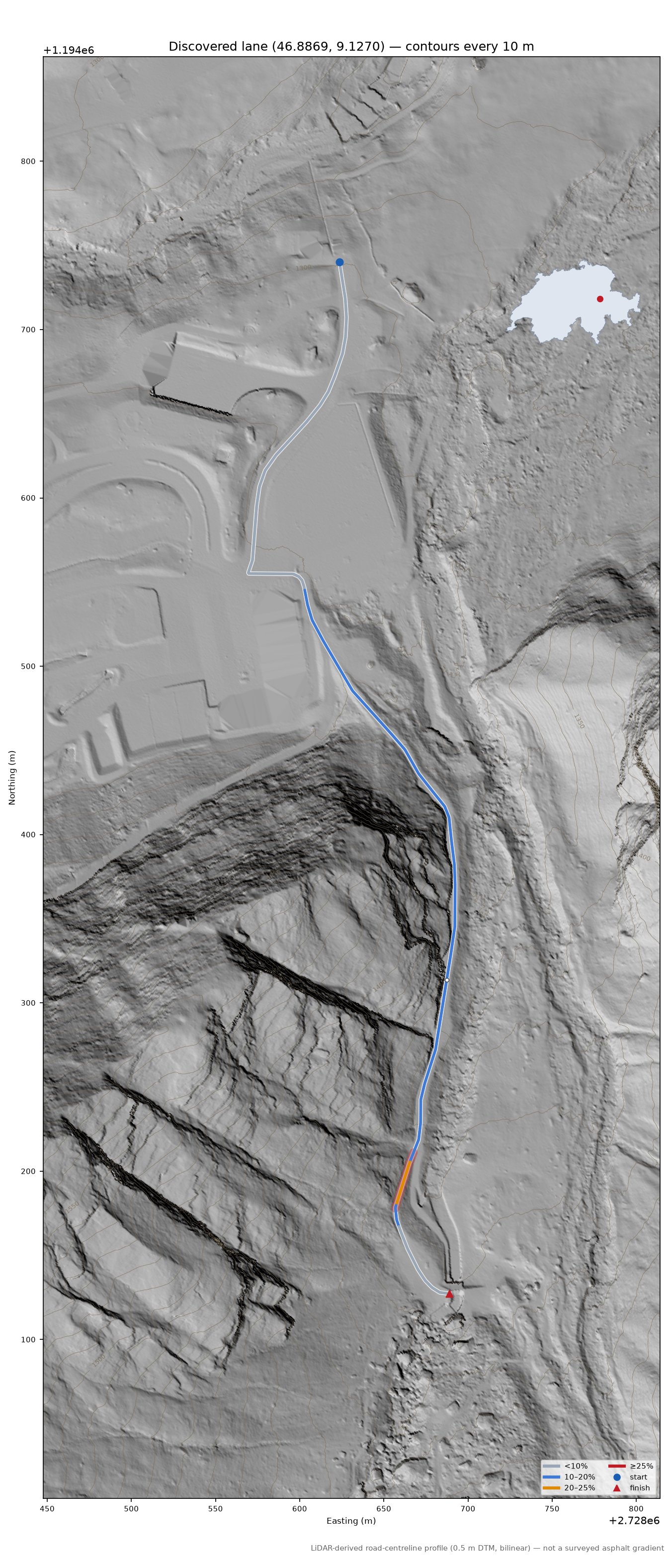 Discovered lane (46.8869, 9.1270) LiDAR hillshade map with contours