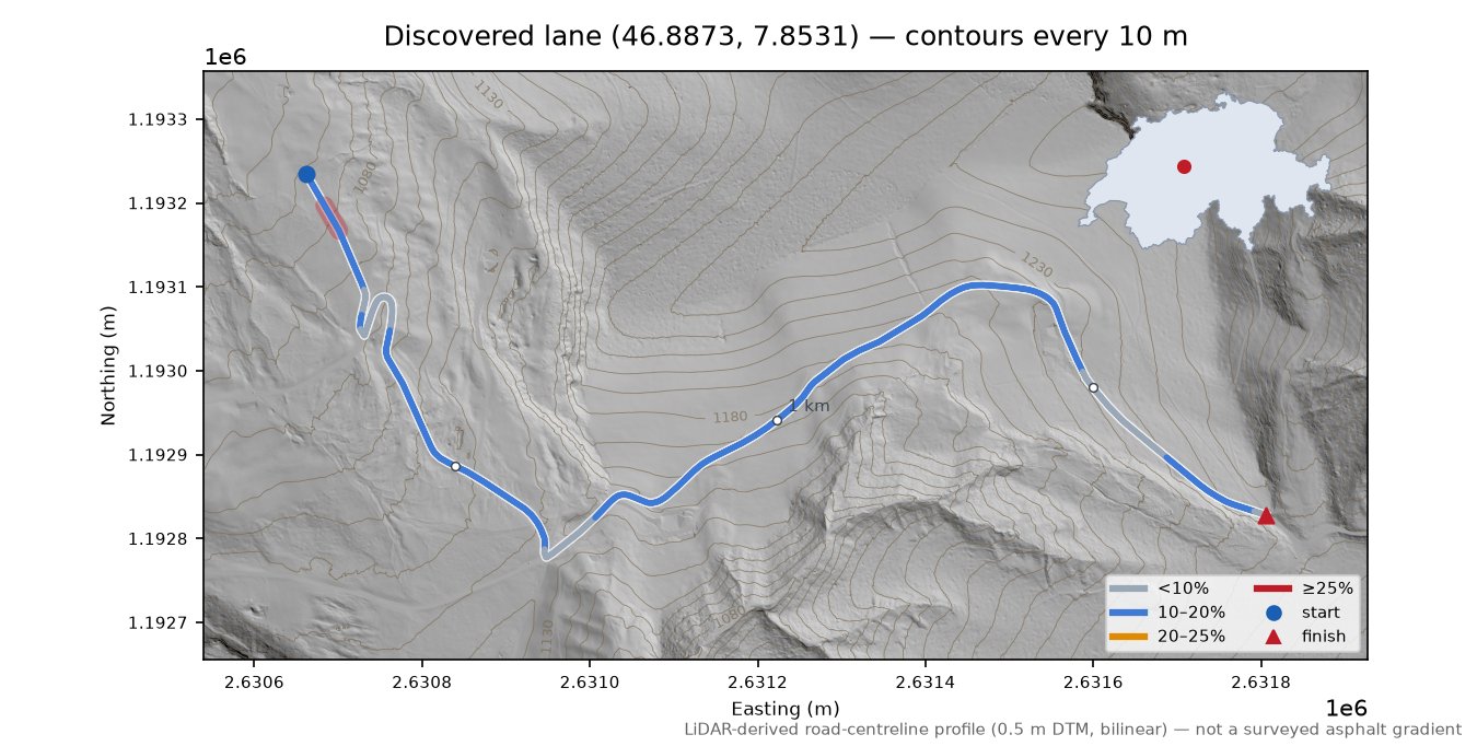 Discovered lane (46.8873, 7.8531) LiDAR hillshade map with contours