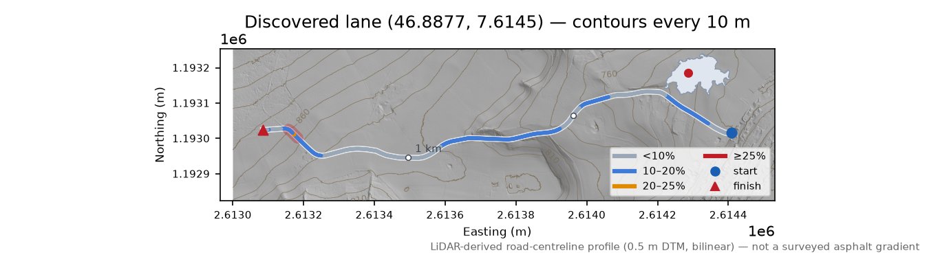 Discovered lane (46.8877, 7.6145) LiDAR hillshade map with contours