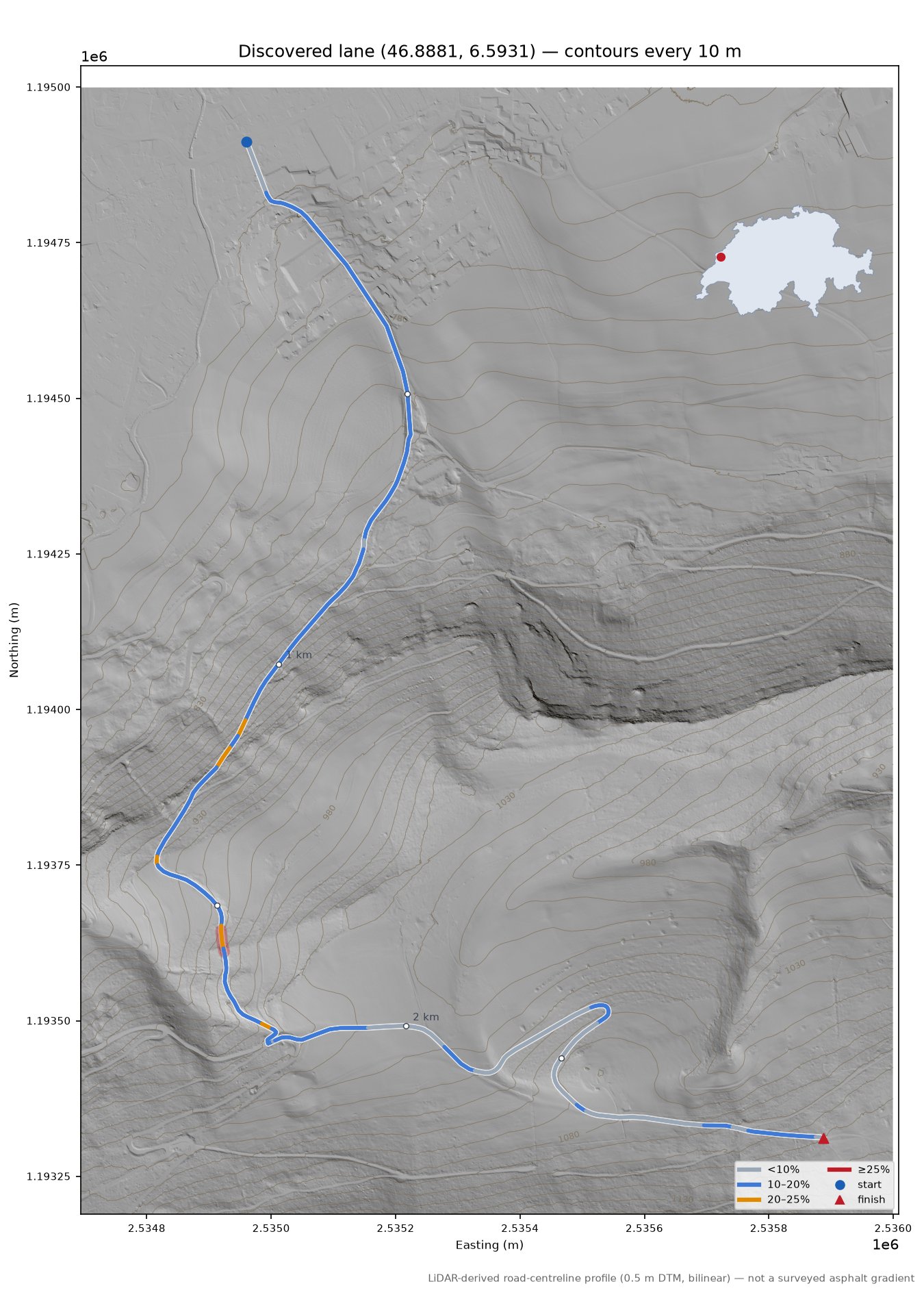 Discovered lane (46.8881, 6.5931) LiDAR hillshade map with contours