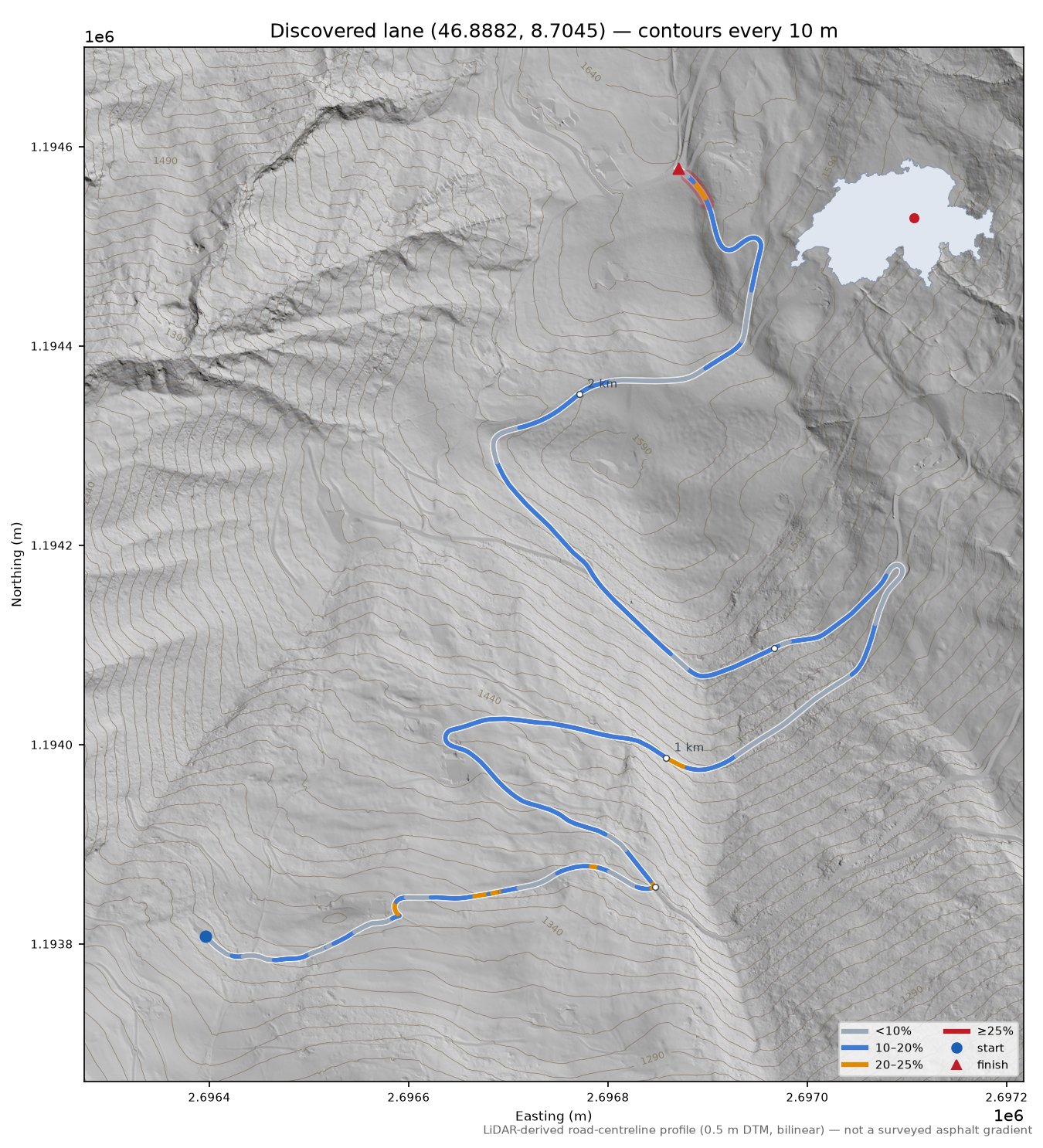 Discovered lane (46.8882, 8.7045) LiDAR hillshade map with contours