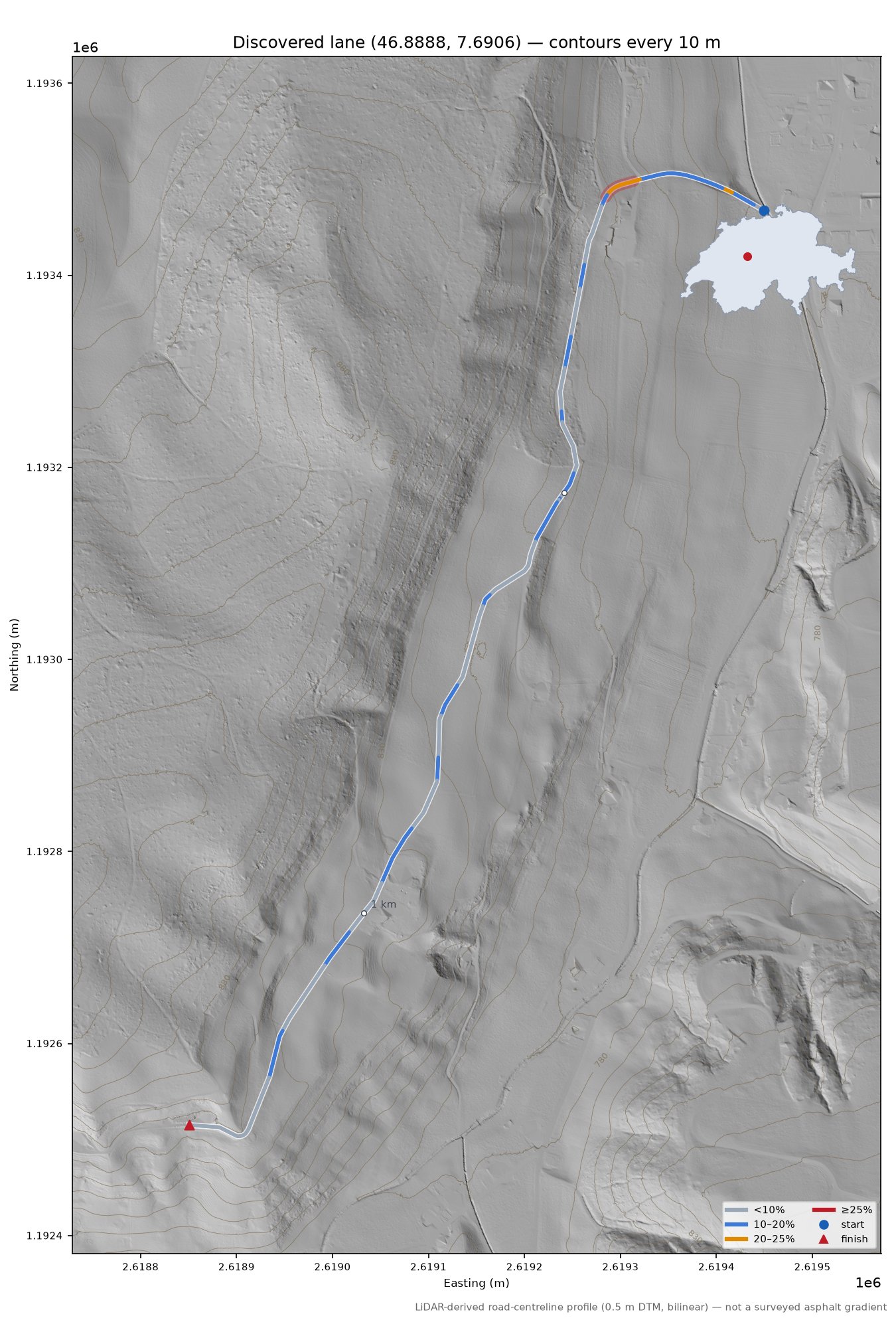 Discovered lane (46.8888, 7.6906) LiDAR hillshade map with contours