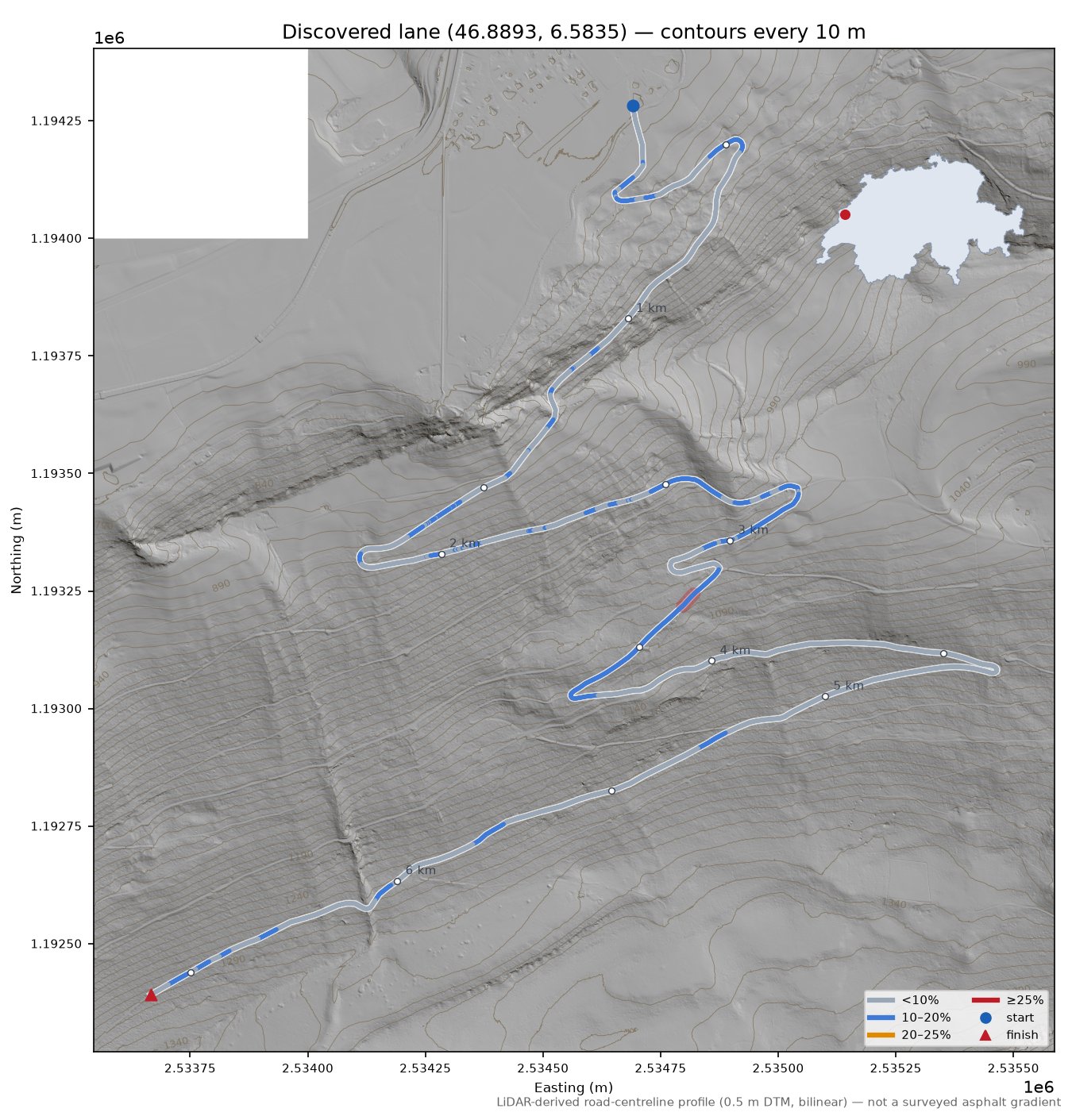 Discovered lane (46.8893, 6.5835) LiDAR hillshade map with contours