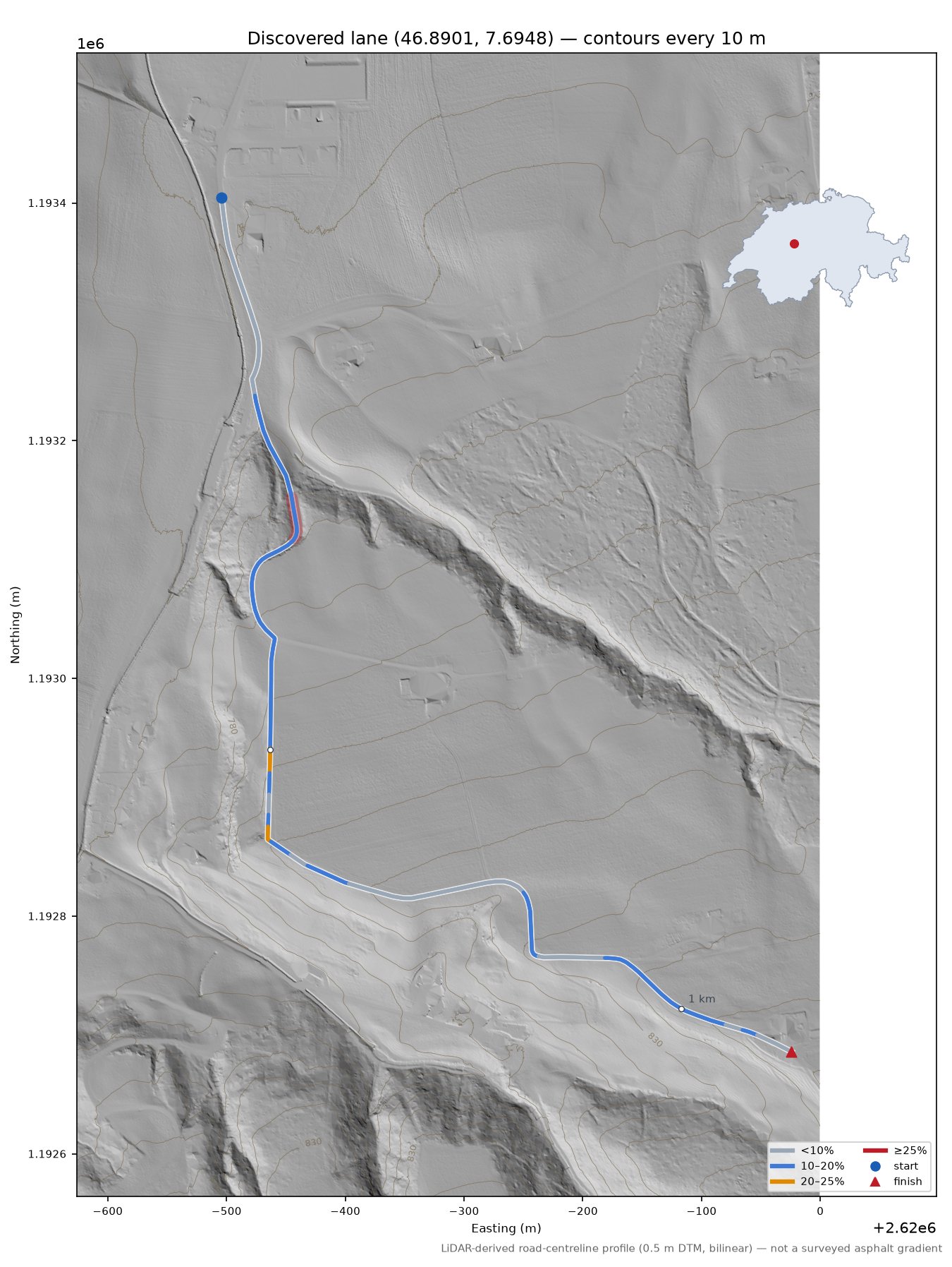 Discovered lane (46.8901, 7.6948) LiDAR hillshade map with contours