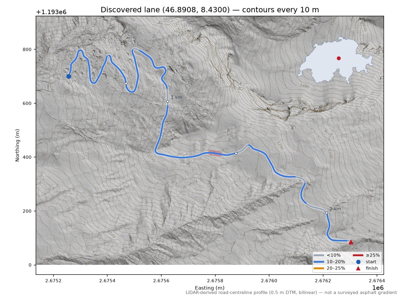 Discovered lane (46.8908, 8.4300) LiDAR hillshade map with contours