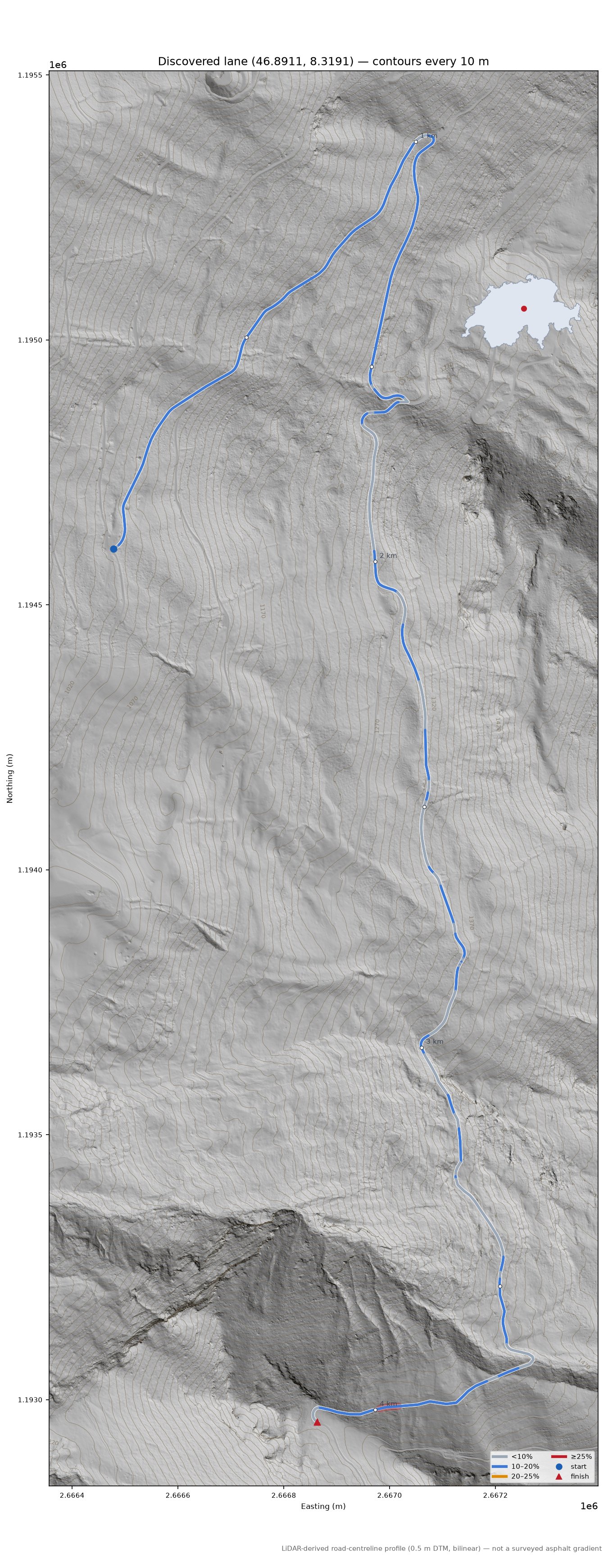 Discovered lane (46.8911, 8.3191) LiDAR hillshade map with contours