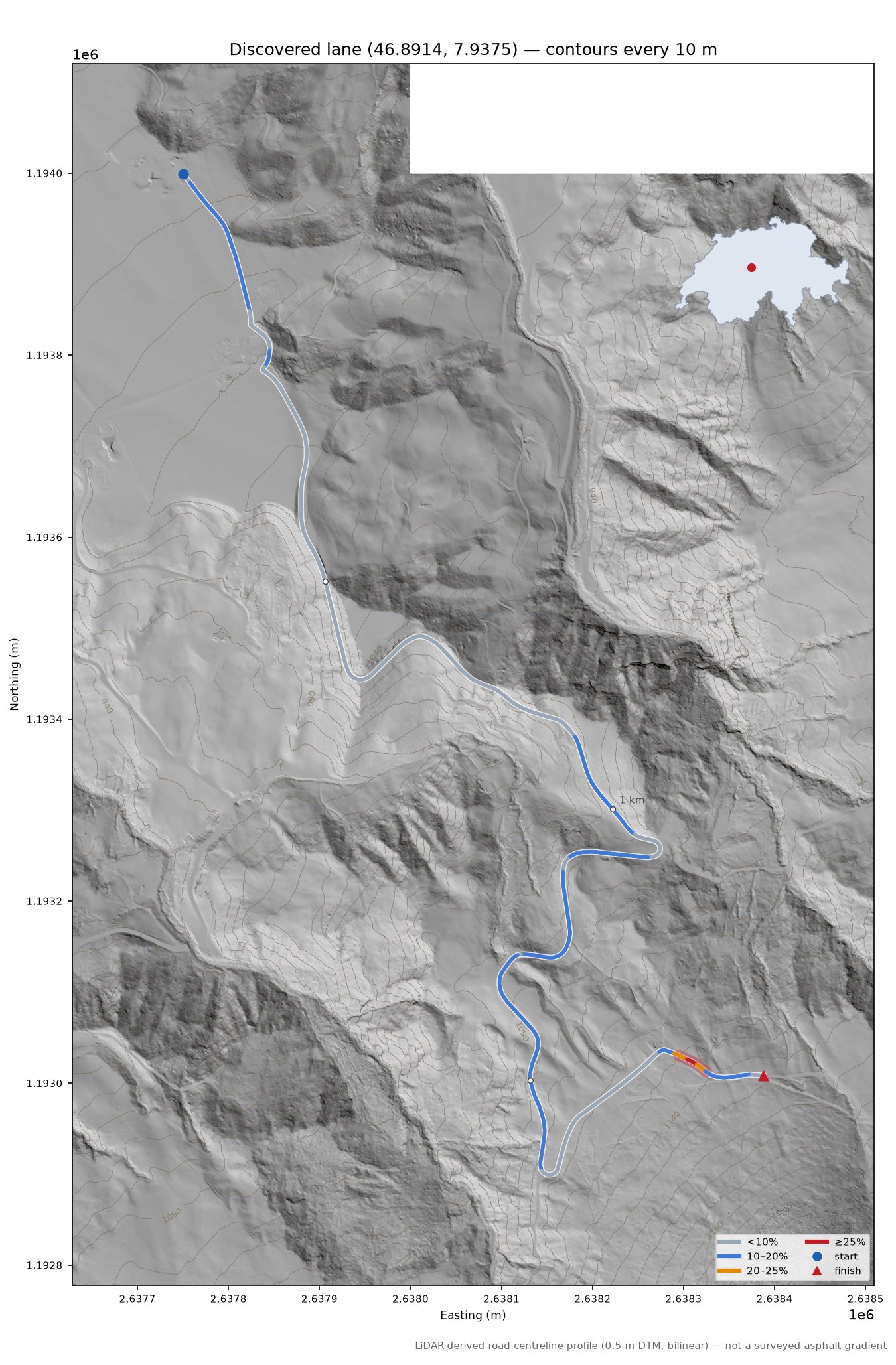 Discovered lane (46.8914, 7.9375) LiDAR hillshade map with contours