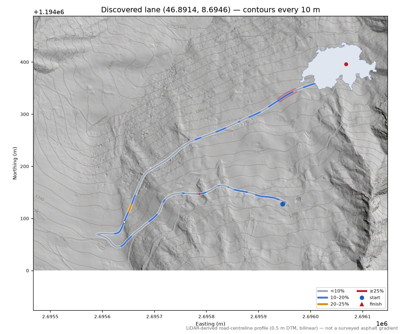 Discovered lane (46.8914, 8.6946) LiDAR hillshade map with contours