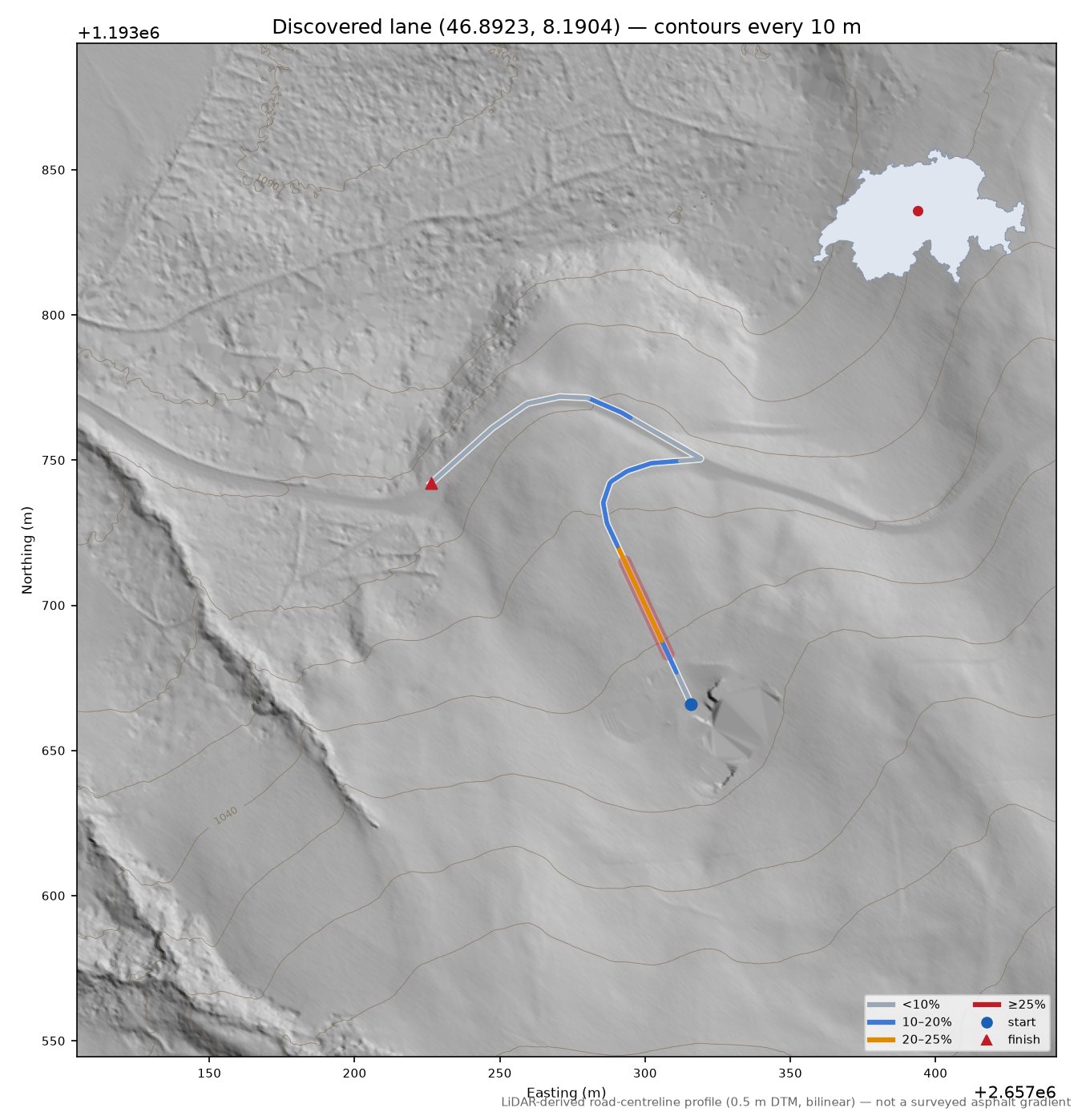 Discovered lane (46.8923, 8.1904) LiDAR hillshade map with contours