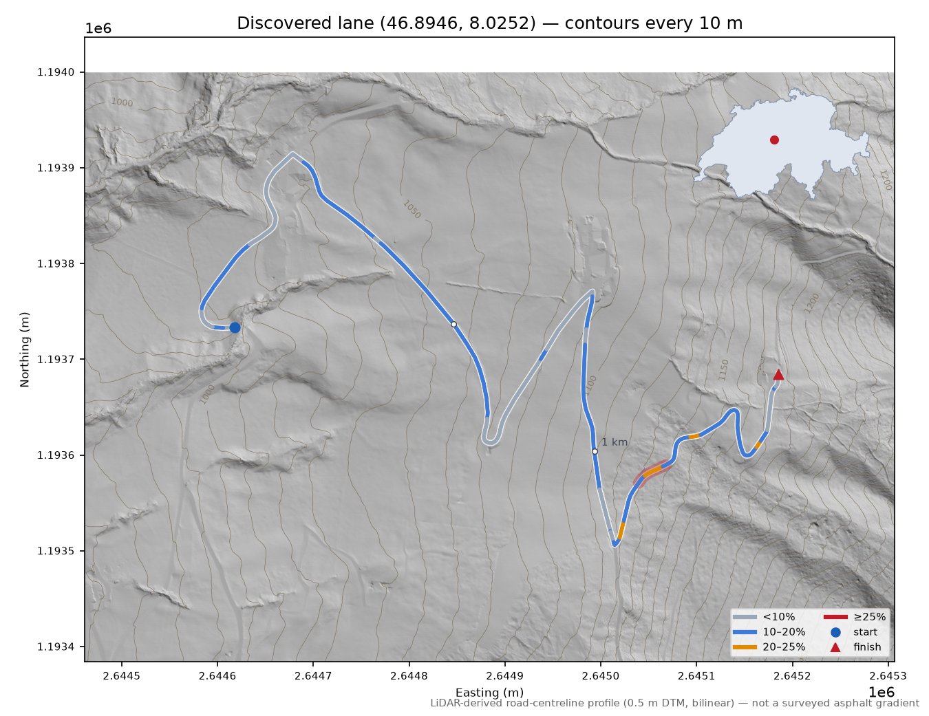 Discovered lane (46.8946, 8.0252) LiDAR hillshade map with contours