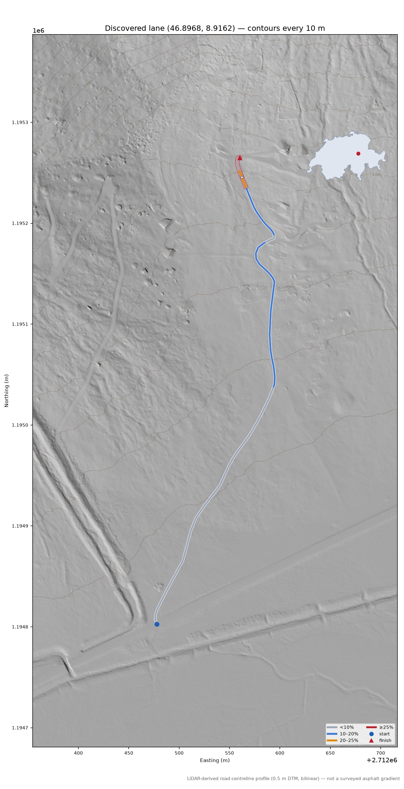 Discovered lane (46.8968, 8.9162) LiDAR hillshade map with contours