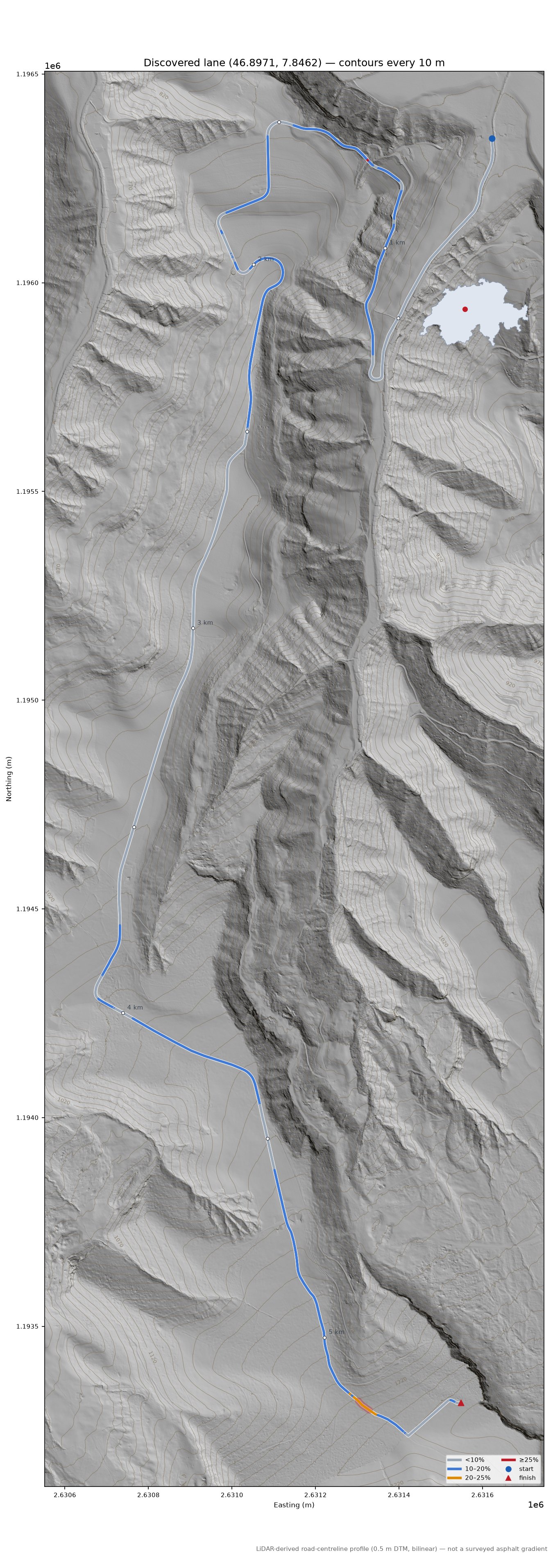 Discovered lane (46.8971, 7.8462) LiDAR hillshade map with contours