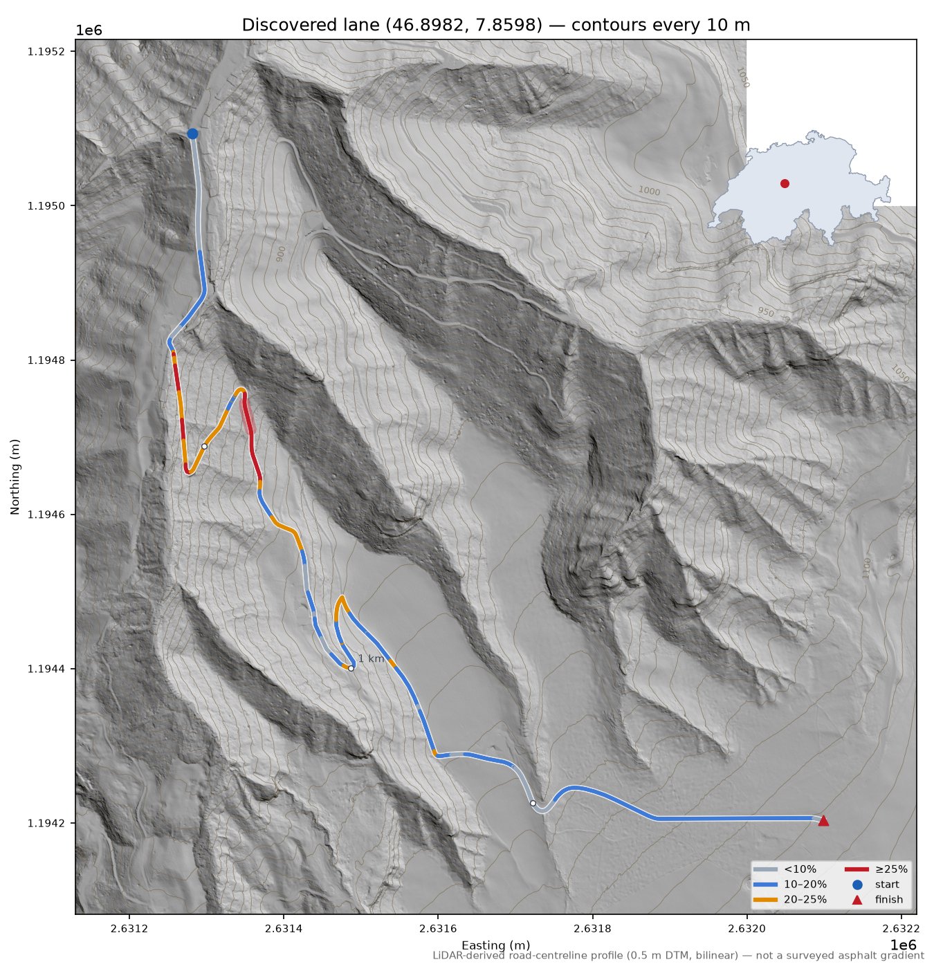 Discovered lane (46.8982, 7.8598) LiDAR hillshade map with contours