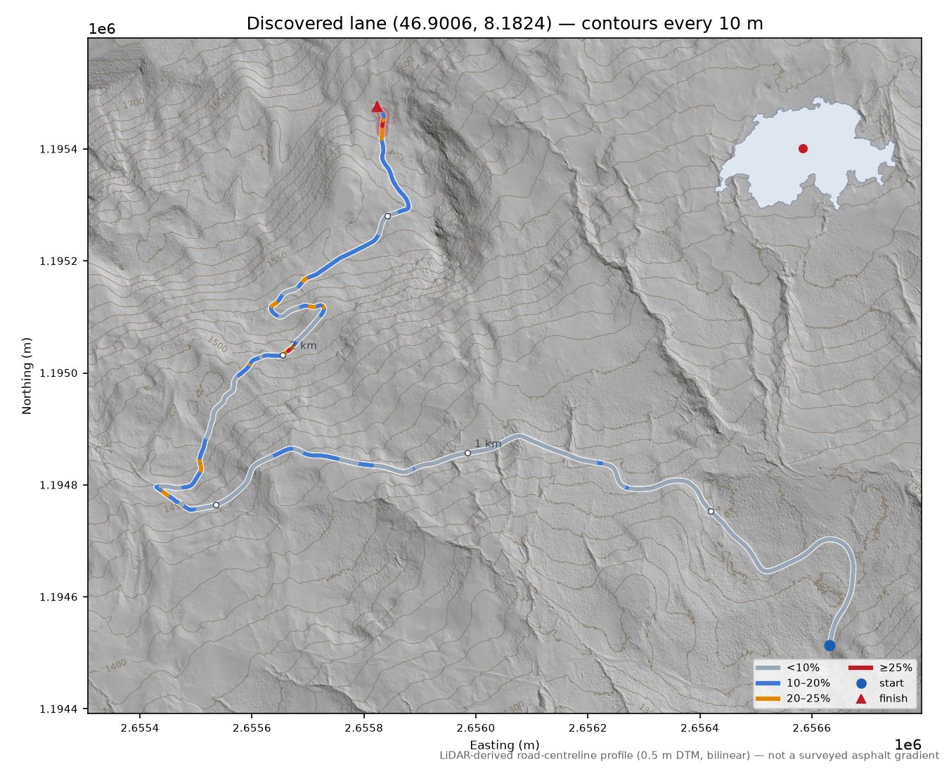 Discovered lane (46.9006, 8.1824) LiDAR hillshade map with contours