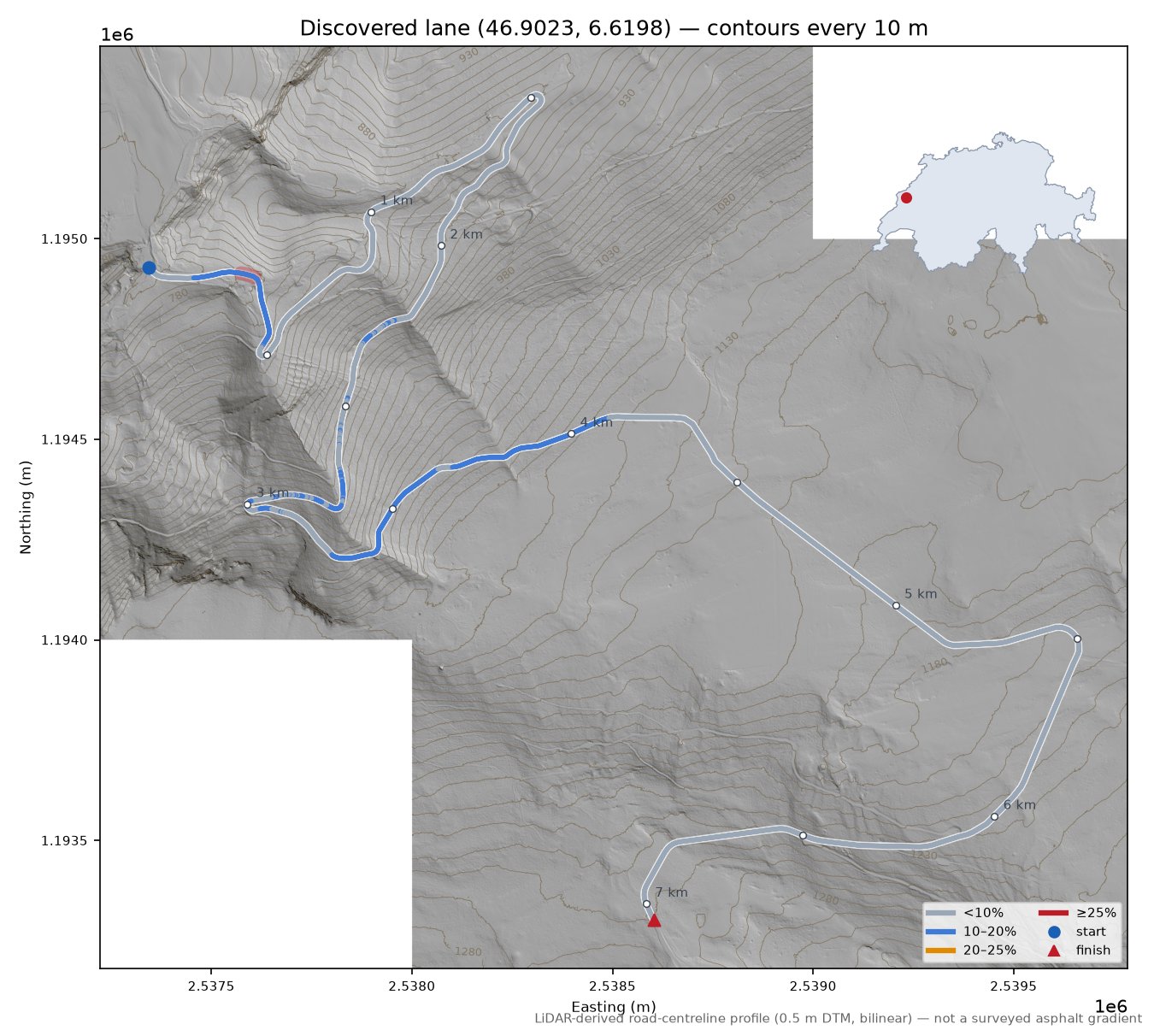 Discovered lane (46.9023, 6.6198) LiDAR hillshade map with contours