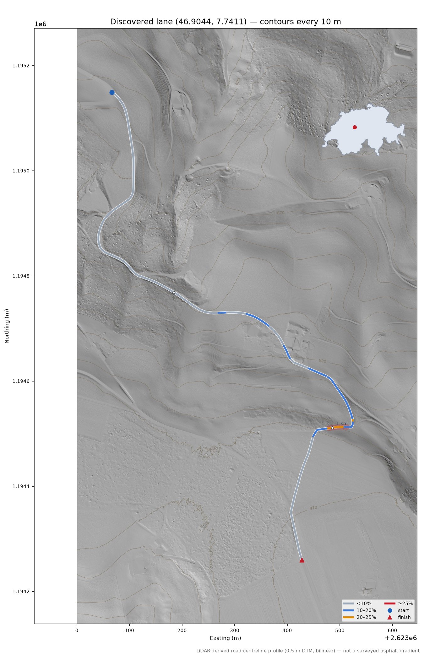 Discovered lane (46.9044, 7.7411) LiDAR hillshade map with contours