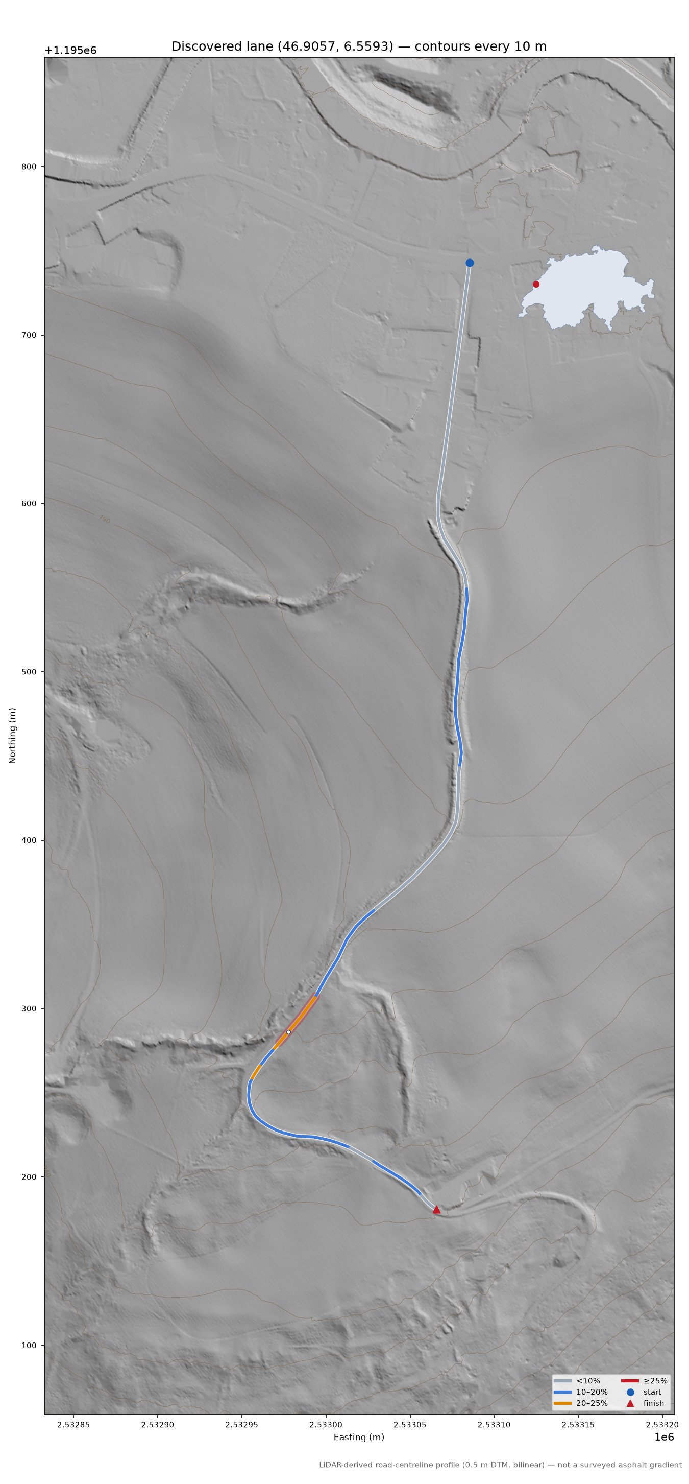 Discovered lane (46.9057, 6.5593) LiDAR hillshade map with contours