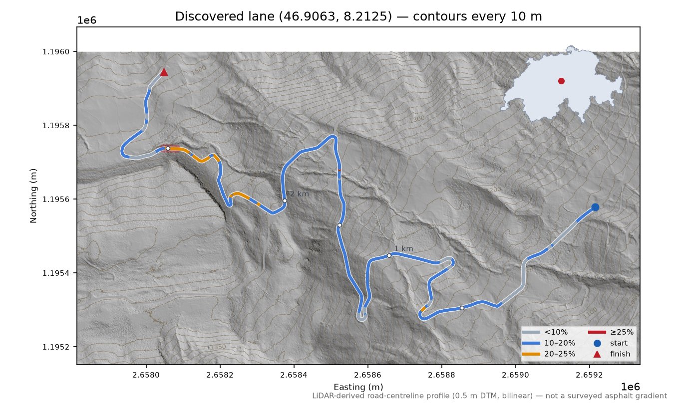 Discovered lane (46.9063, 8.2125) LiDAR hillshade map with contours