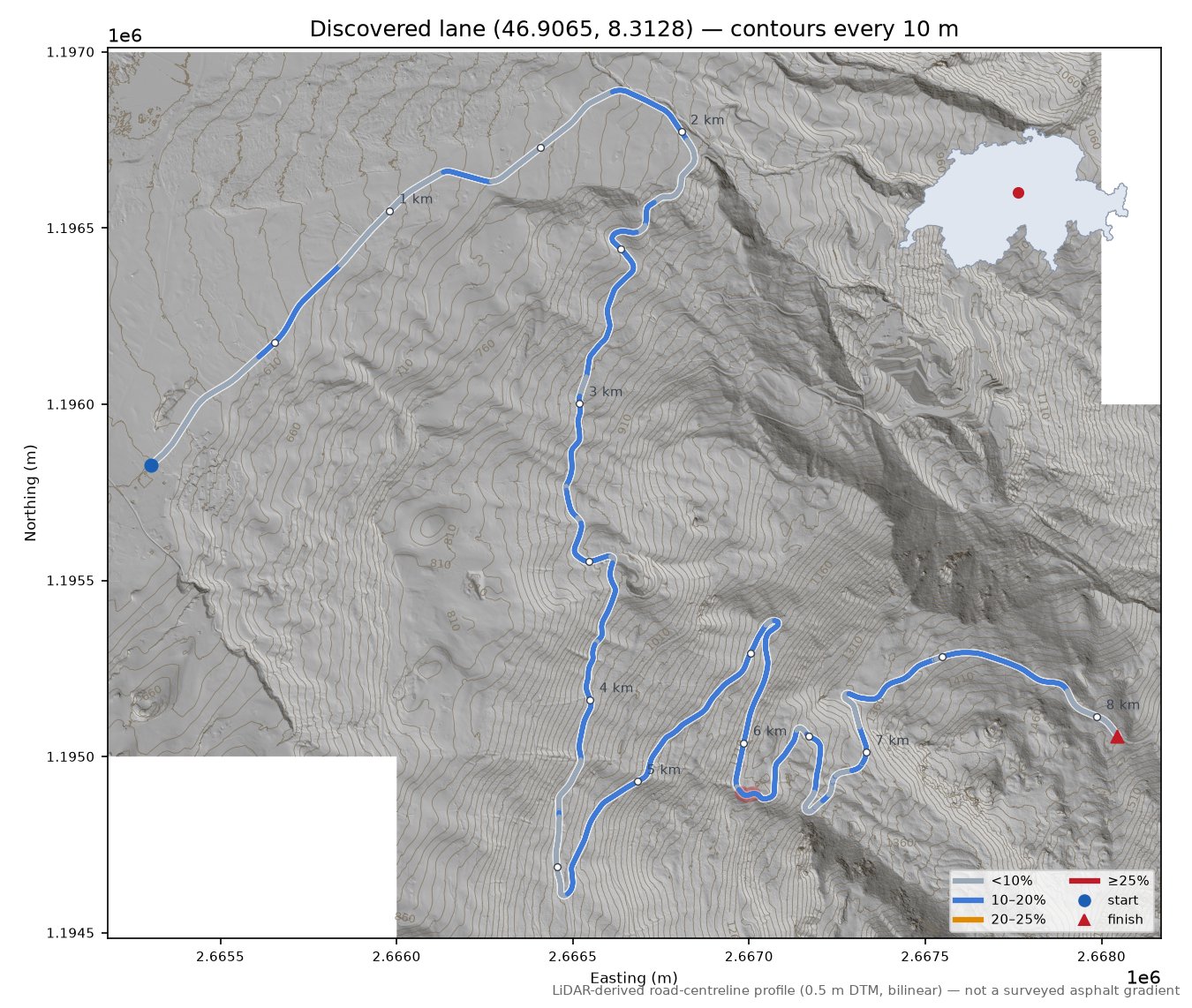 Discovered lane (46.9065, 8.3128) LiDAR hillshade map with contours