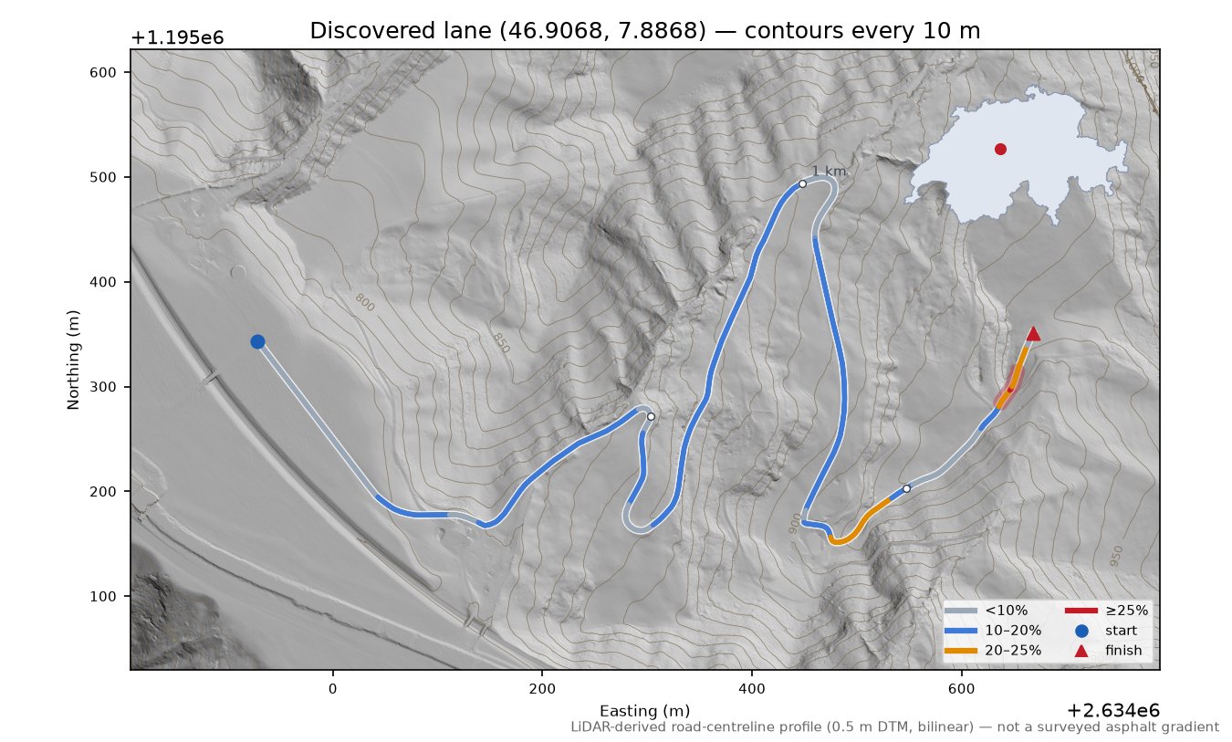 Discovered lane (46.9068, 7.8868) LiDAR hillshade map with contours