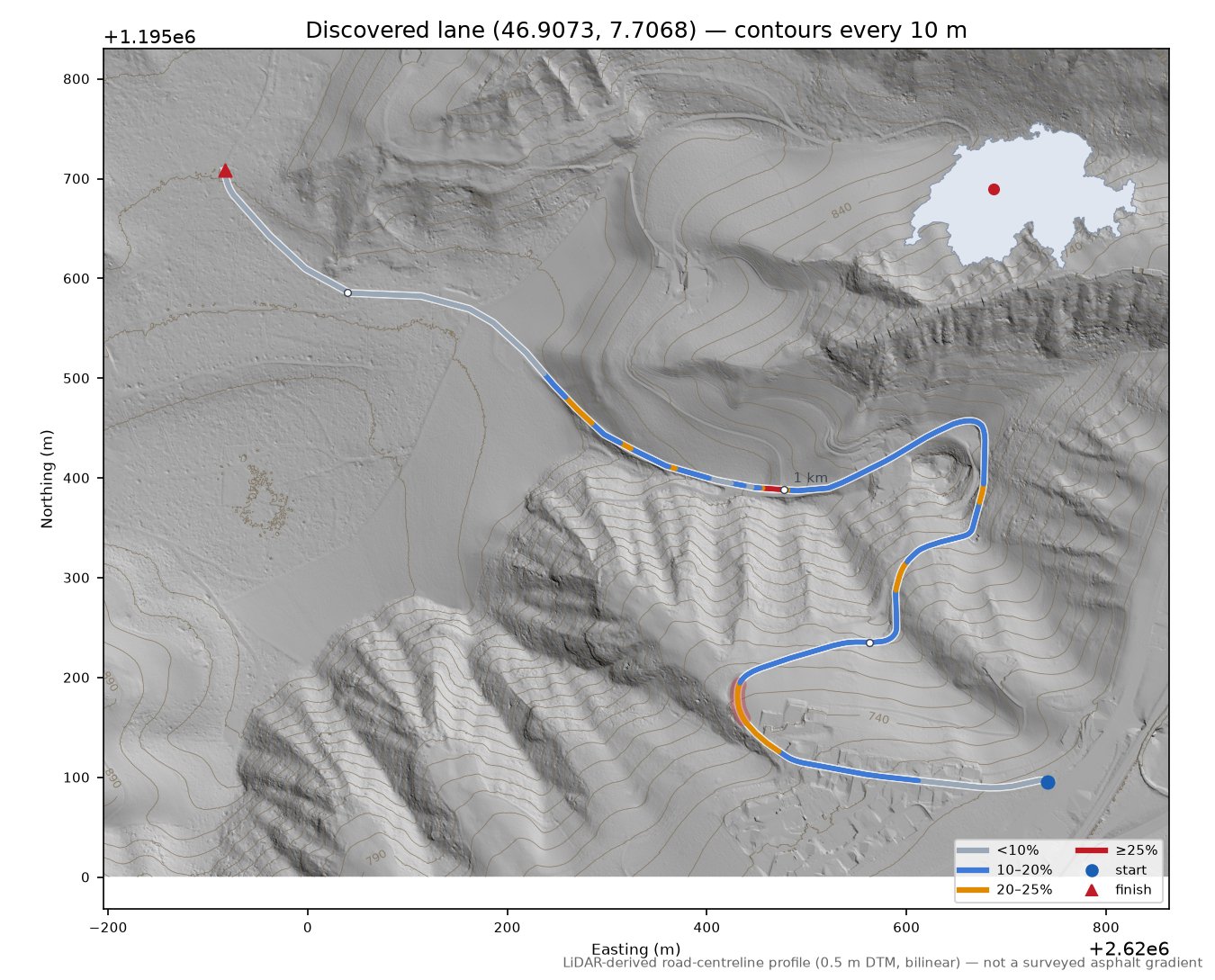 Discovered lane (46.9073, 7.7068) LiDAR hillshade map with contours