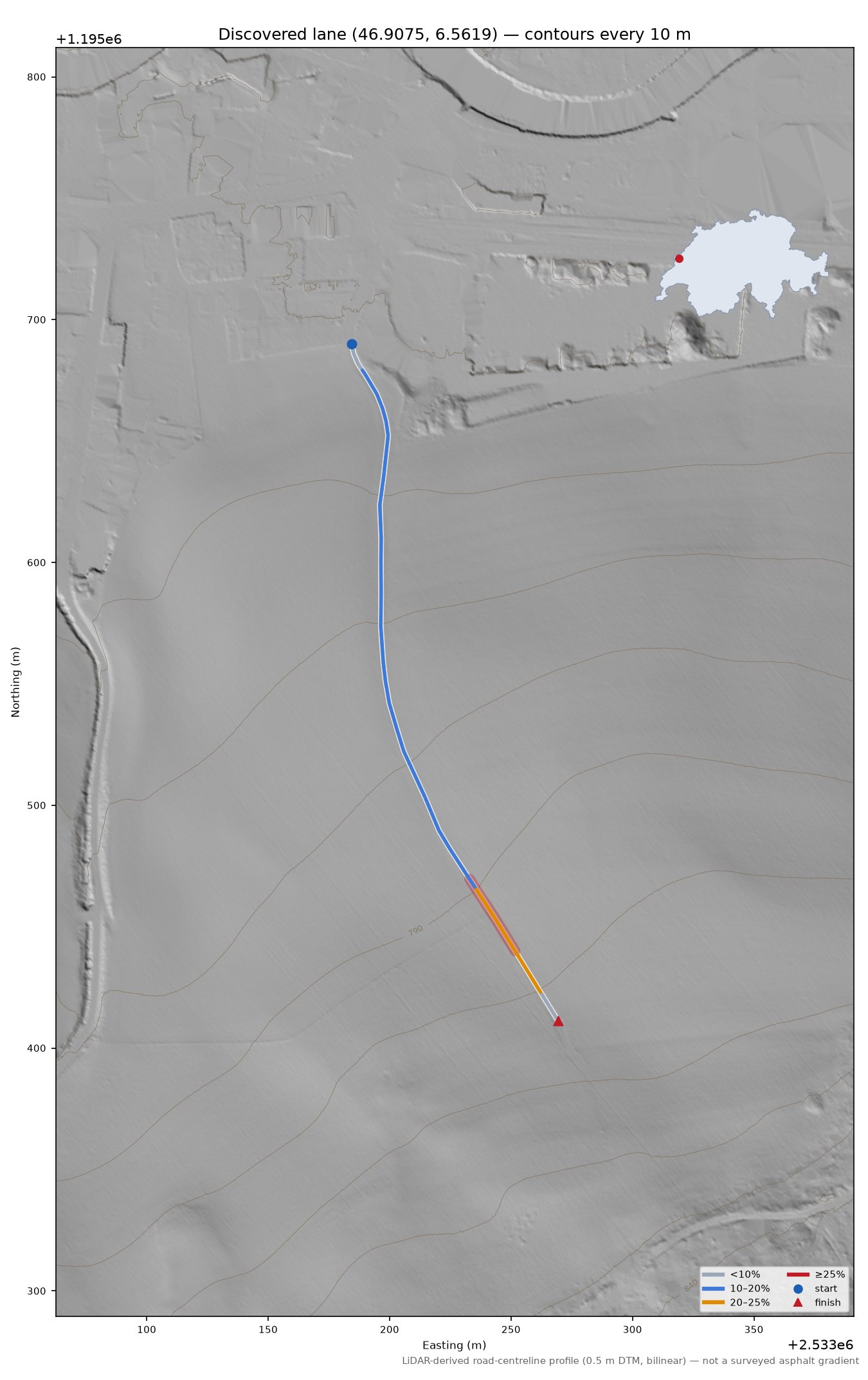 Discovered lane (46.9075, 6.5619) LiDAR hillshade map with contours