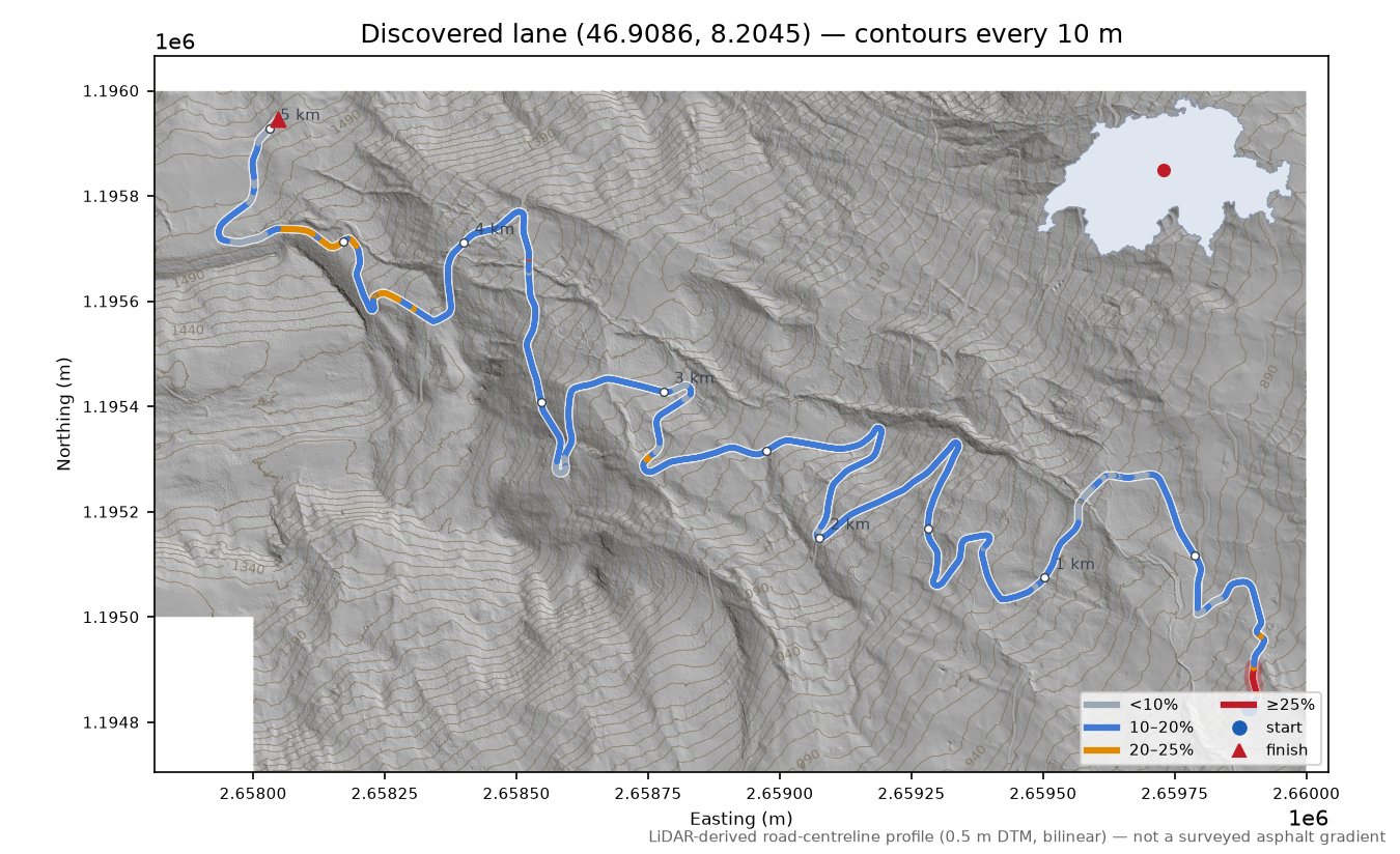 Discovered lane (46.9086, 8.2045) LiDAR hillshade map with contours
