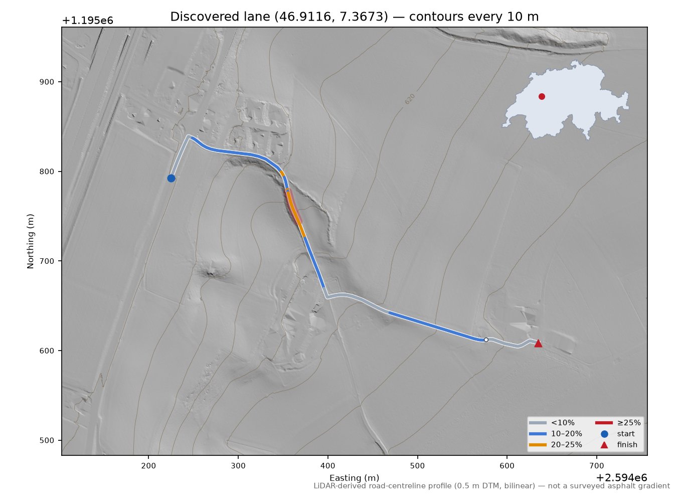 Discovered lane (46.9116, 7.3673) LiDAR hillshade map with contours