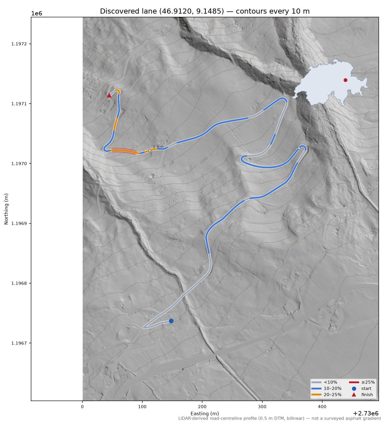 Discovered lane (46.9120, 9.1485) LiDAR hillshade map with contours