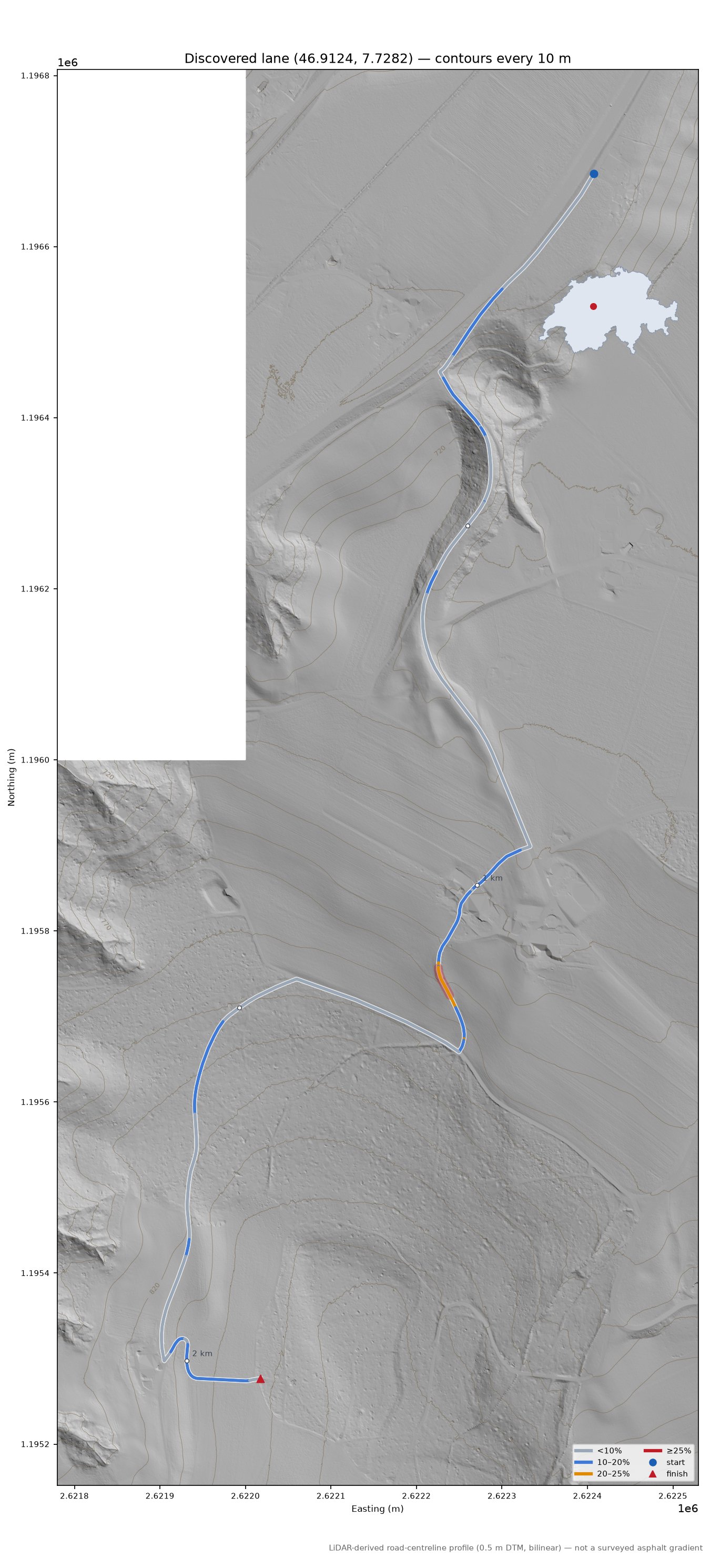 Discovered lane (46.9124, 7.7282) LiDAR hillshade map with contours