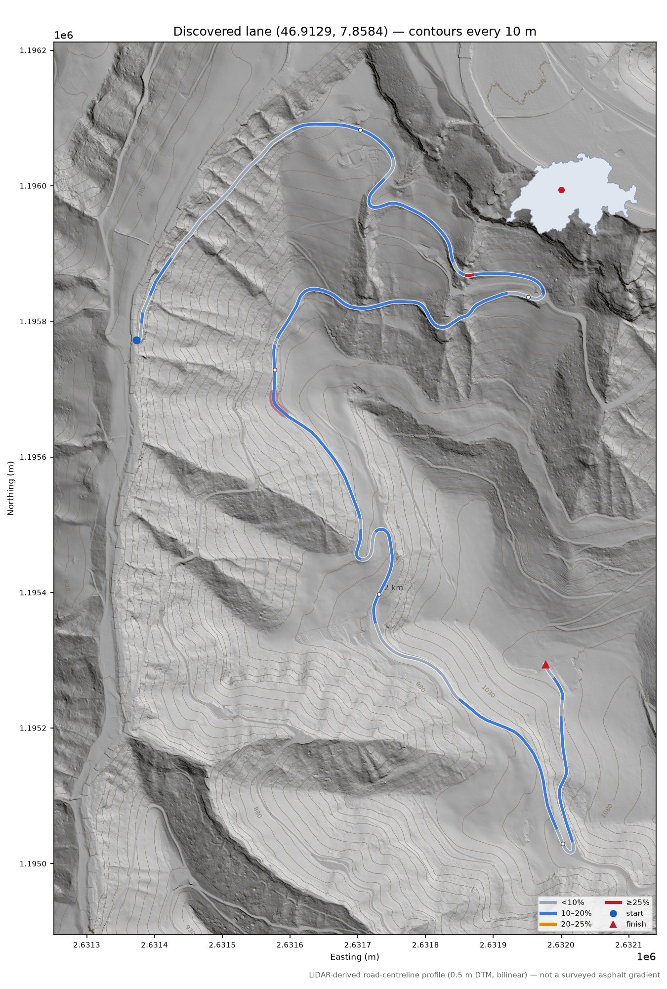 Discovered lane (46.9129, 7.8584) LiDAR hillshade map with contours