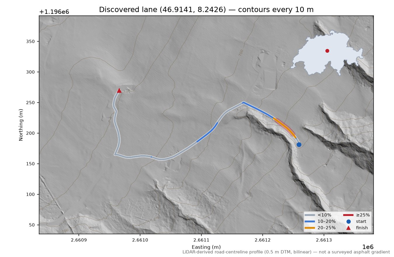 Discovered lane (46.9141, 8.2426) LiDAR hillshade map with contours