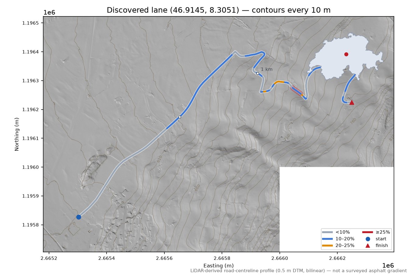 Discovered lane (46.9145, 8.3051) LiDAR hillshade map with contours