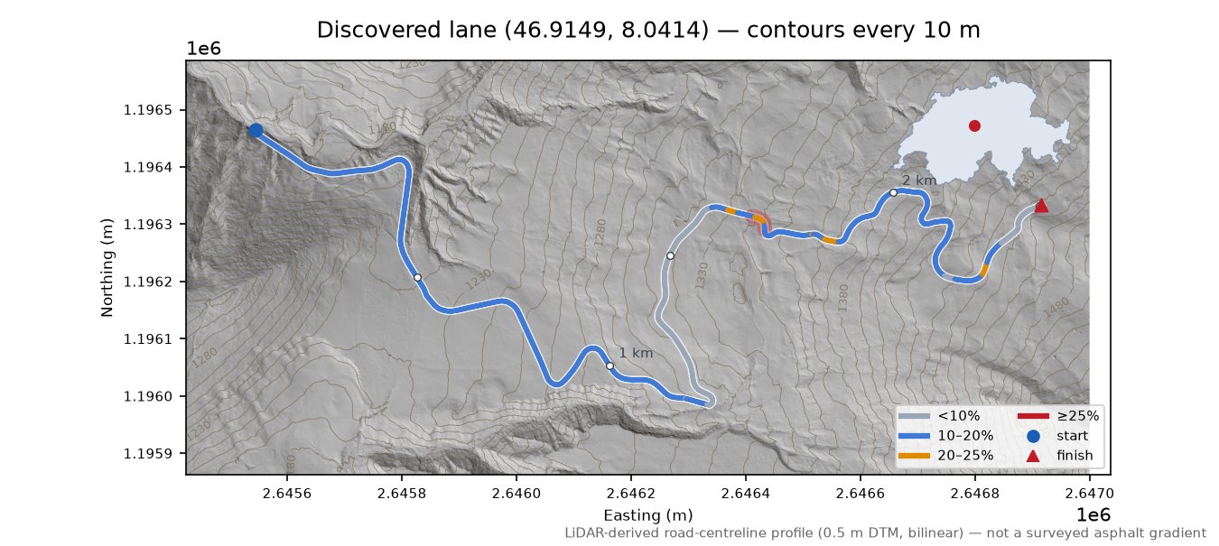 Discovered lane (46.9149, 8.0414) LiDAR hillshade map with contours