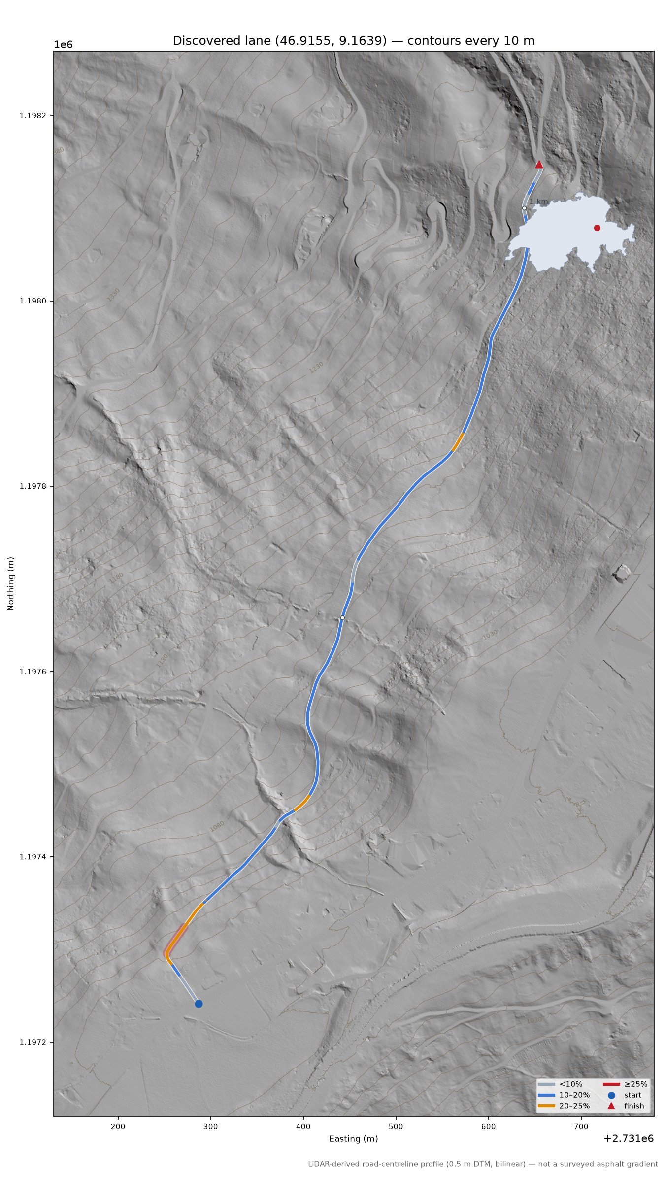 Discovered lane (46.9155, 9.1639) LiDAR hillshade map with contours