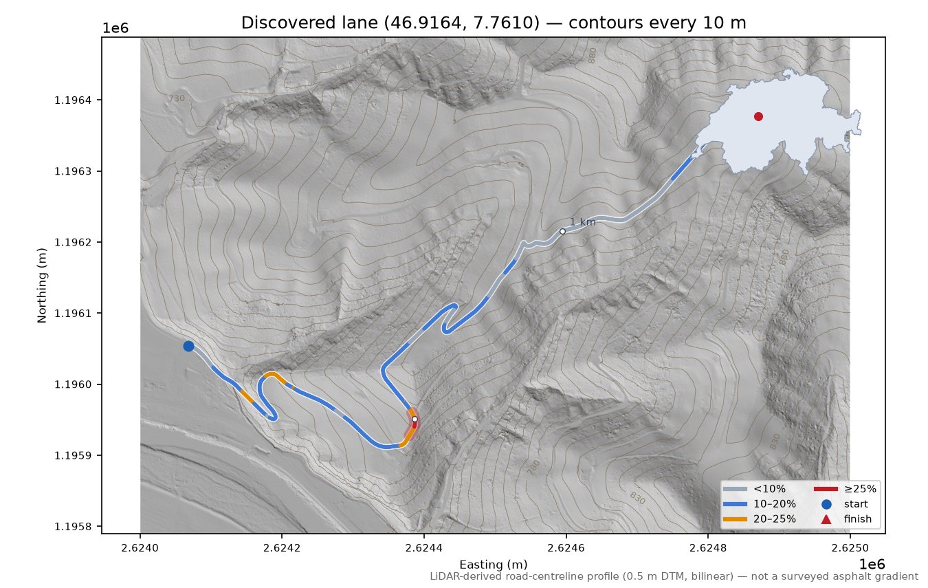 Discovered lane (46.9164, 7.7610) LiDAR hillshade map with contours