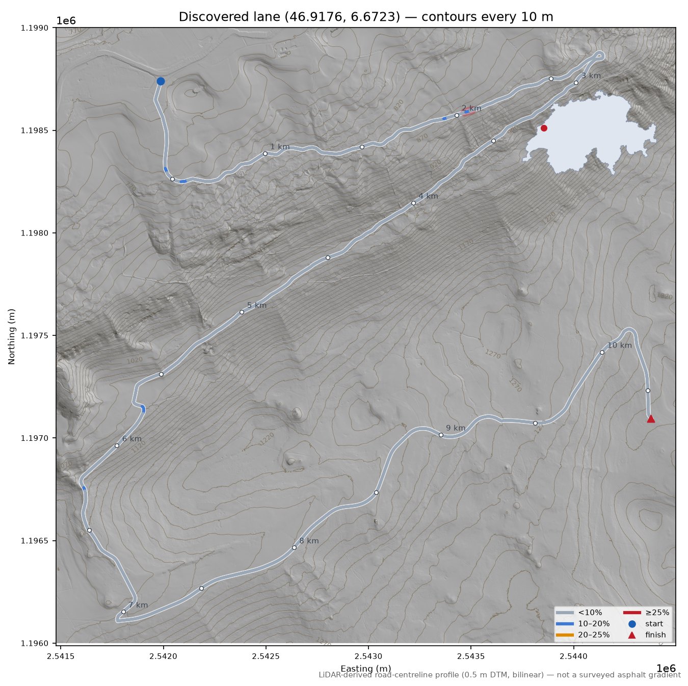 Discovered lane (46.9176, 6.6723) LiDAR hillshade map with contours