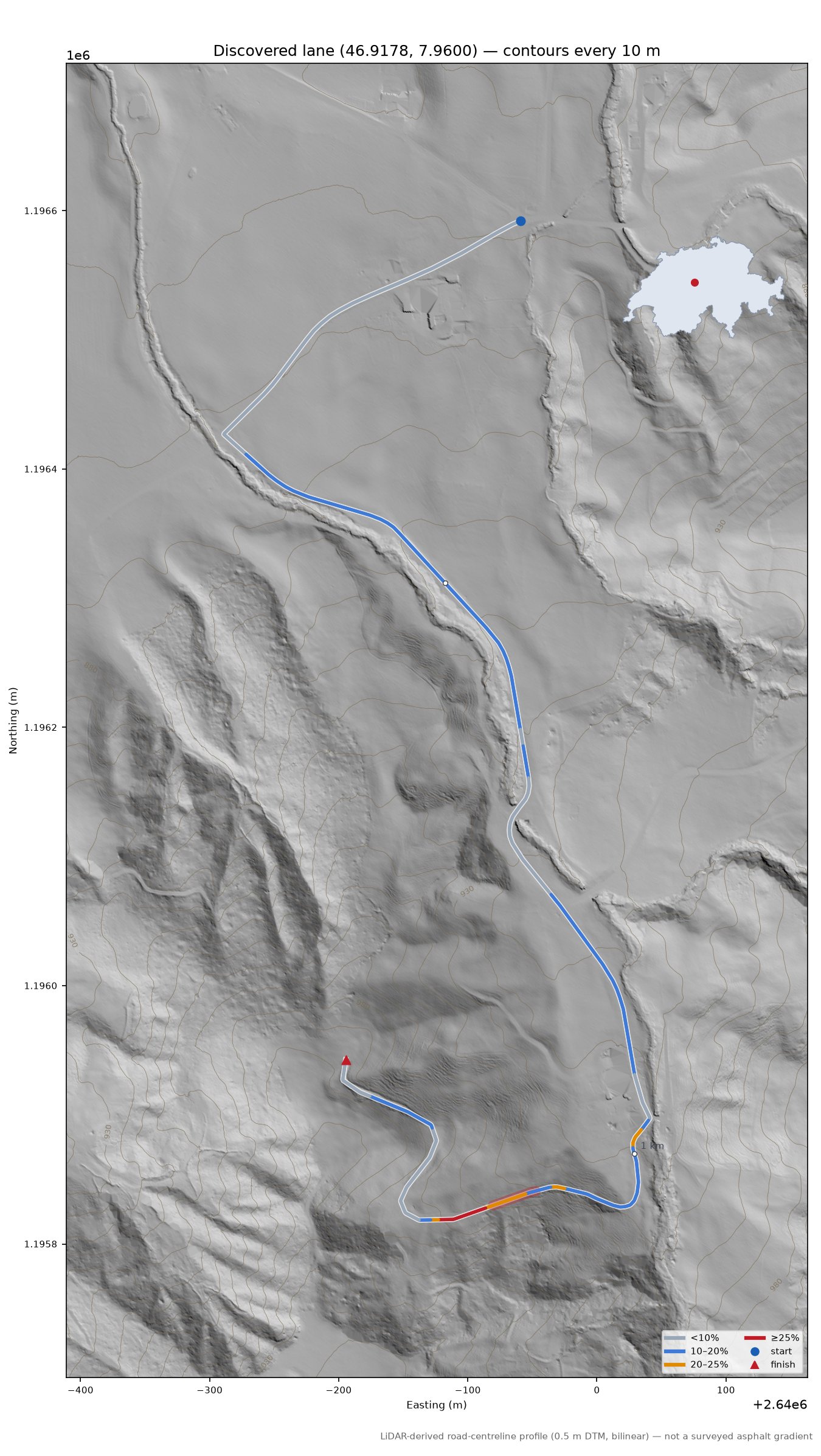 Discovered lane (46.9178, 7.9600) LiDAR hillshade map with contours